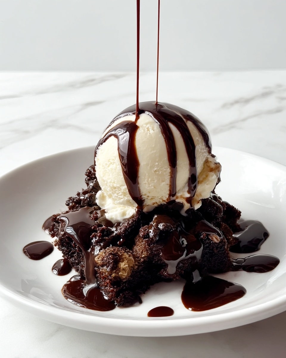 The dish shows a white plate filled with a base layer of dark brown, crumbly chocolate cake pieces with a rough texture. On top of the cake is a single round scoop of smooth, creamy vanilla ice cream, which is pale off-white in color. Thick, glossy dark chocolate syrup is being poured from above, drizzling over the ice cream and cake unevenly, creating shiny streaks and pools of rich chocolate on the surface. The plate sits on a white marbled background, adding a light, clean contrast to the deep colors of the dessert. Photo taken with an iphone --ar 4:5 --v 7