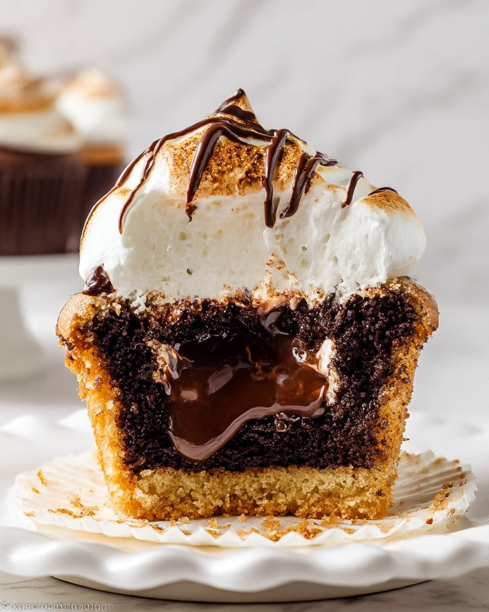 A close-up view of a cupcake cut in half, showing four distinct layers on a white scalloped-edge plate. The bottom layer is a golden crumbly crust with a rough texture. Above this sits a thick, dark chocolate cake layer with a moist, porous texture. In the middle of this dark layer, there is a glossy, rich chocolate filling oozing out in a thick, smooth flow. The top layer is a fluffy white cream, topped with a toasted brown meringue layer, which is lightly browned and swirled with thin lines of melted chocolate. The background shows a white marbled texture. Photo taken with an iphone --ar 4:5 --v 7