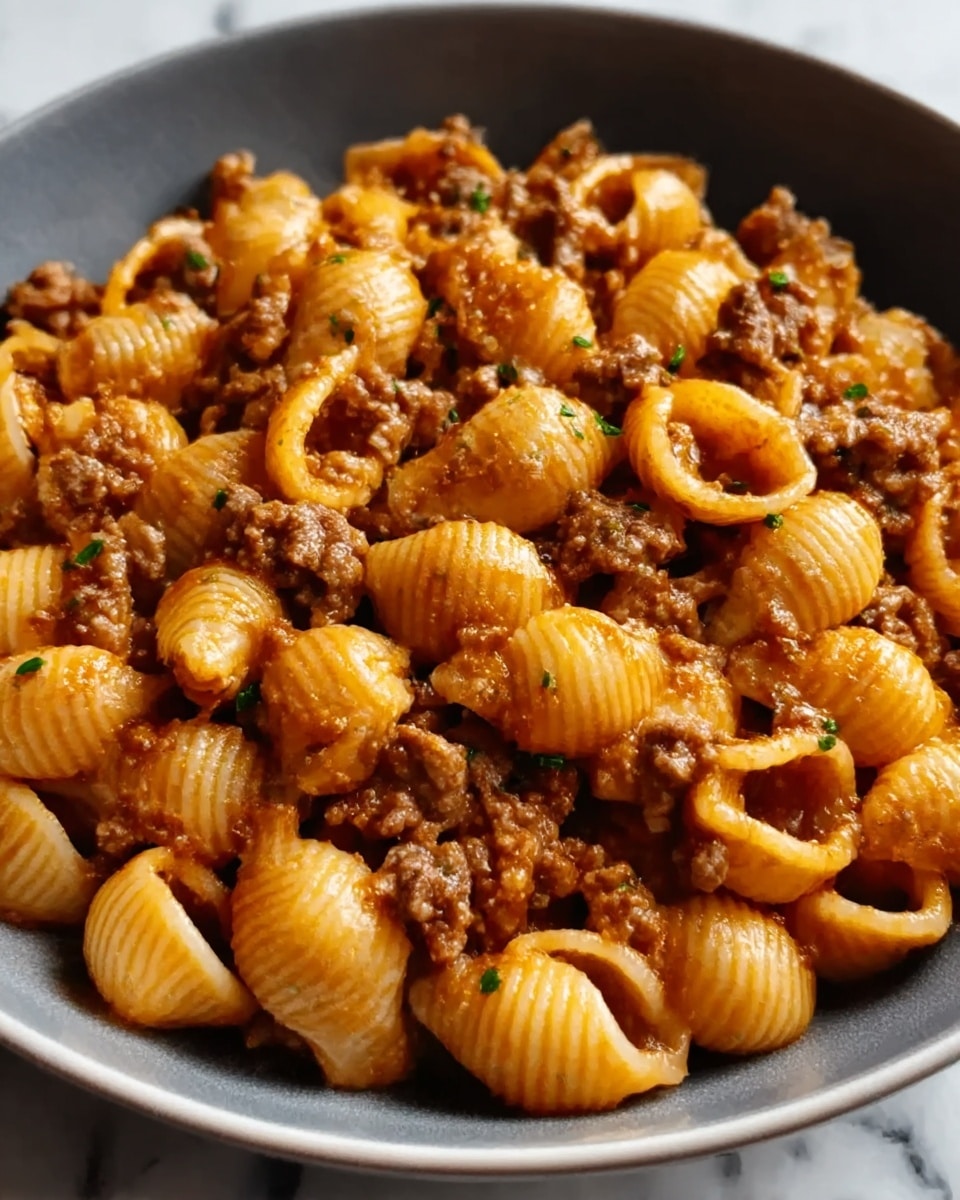 A close-up of a grey bowl filled with pasta shells cooked in a rich, reddish-brown meat sauce. The pasta is layered evenly throughout, with small chunks of ground meat and finely chopped herbs sprinkled on top, adding bits of green across the warm-colored dish. The texture of the sauce looks thick and slightly glossy, coating each pasta piece. The bowl rests on a white marbled surface. photo taken with an iphone --ar 4:5 --v 7