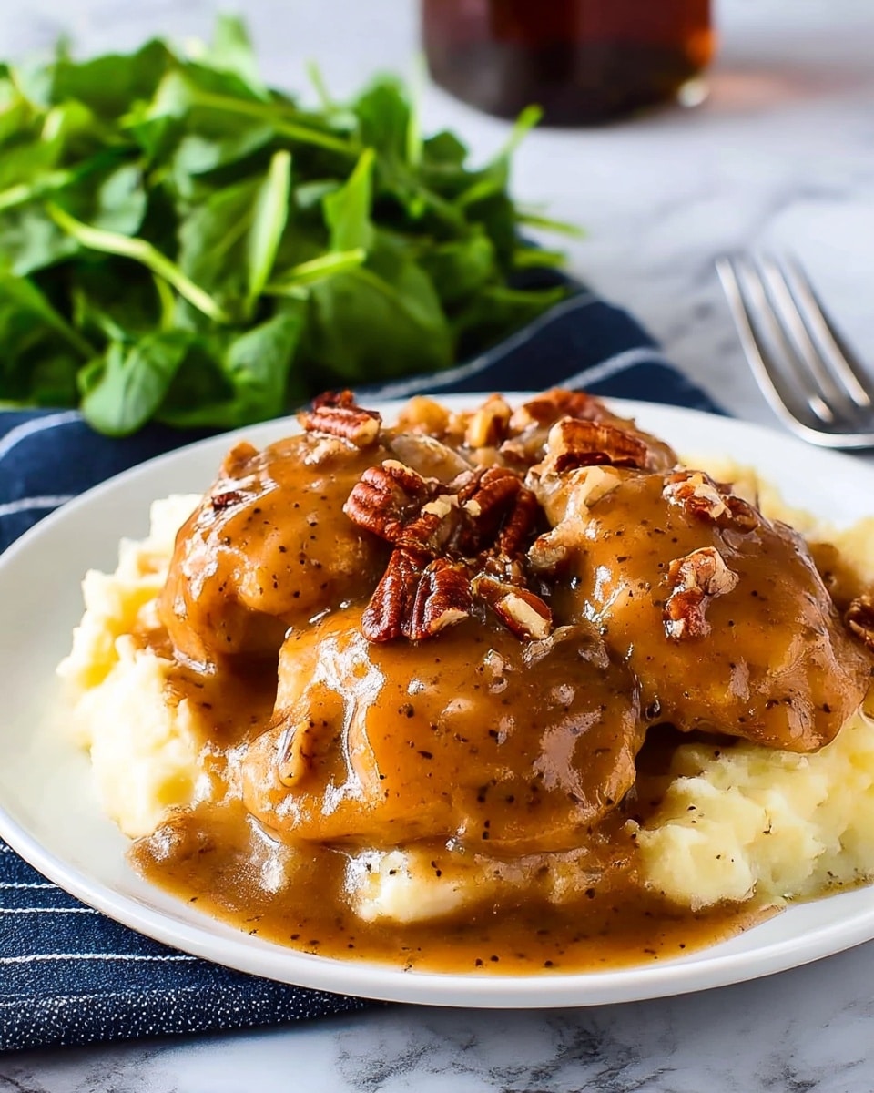 A white plate holds a dish with three pieces of golden brown chicken covered in thick, glossy brown gravy with specks of black pepper and bits of nuts scattered on top. The chicken sits on a bed of creamy, pale yellow mashed potatoes. In the background, there is a small pile of fresh green leafy herbs or spinach. The plate is set on a dark blue and white striped cloth, placed on a white marbled surface. A silver fork is partly visible beside the plate. Photo taken with an iphone --ar 4:5 --v 7
