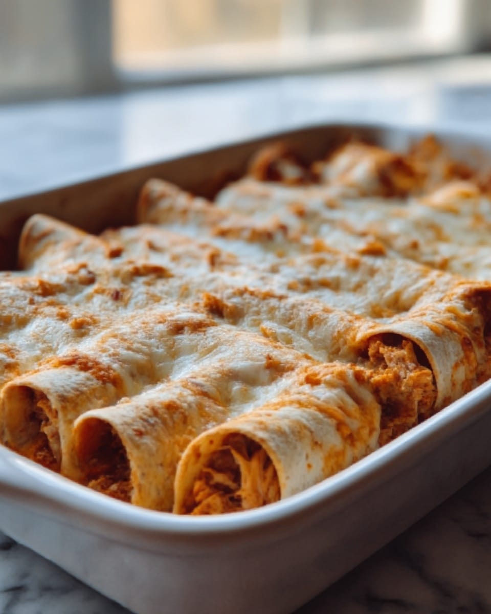 The image shows a white rectangular dish filled with several rolled enchiladas tightly lined up in a row. Each enchilada has a golden-brown baked outer tortilla, covered in melted white cheese that is creamy and slightly browned in spots. Inside, the tortillas reveal a shredded, seasoned chicken filling with a reddish tint, peeking out from the ends. The dish sits on a white marbled surface with soft natural light coming from the background, creating a cozy and warm feeling. Photo taken with an iphone --ar 4:5 --v 7