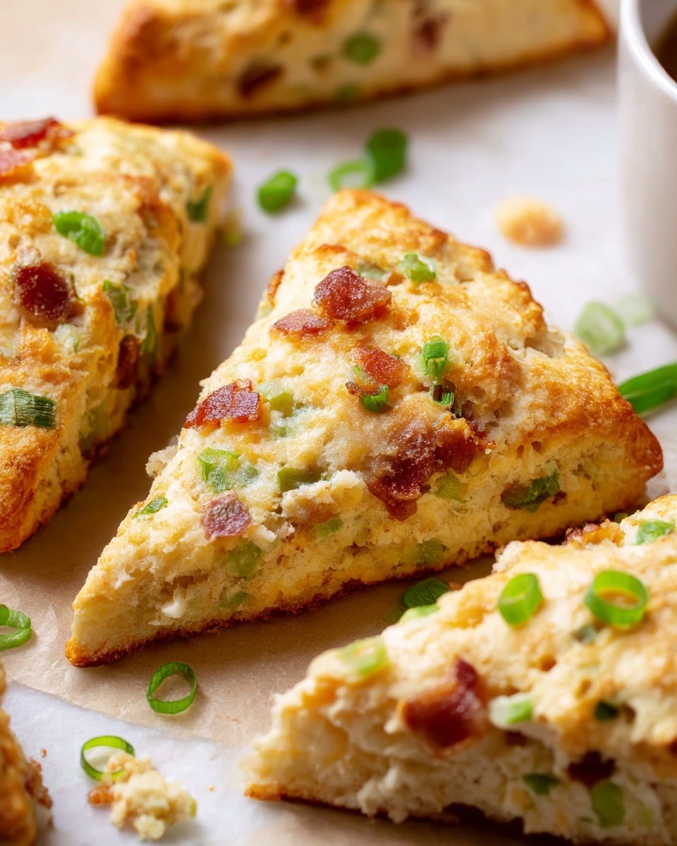 A close-up image showing triangle-shaped scones with a golden, slightly crumbly crust. Each scone has visible bits of green onion and small brown pieces of cooked bacon mixed throughout the thick dough-like layers. The scones are placed directly on light brown parchment paper over a white marbled textured surface. Some green onion rings and small crumbs are scattered around the scones, adding fresh and rustic detail. The scones have a home-baked appearance, with a soft interior and a lightly browned top layer that looks slightly crisp. photo taken with an iphone --ar 4:5 --v 7