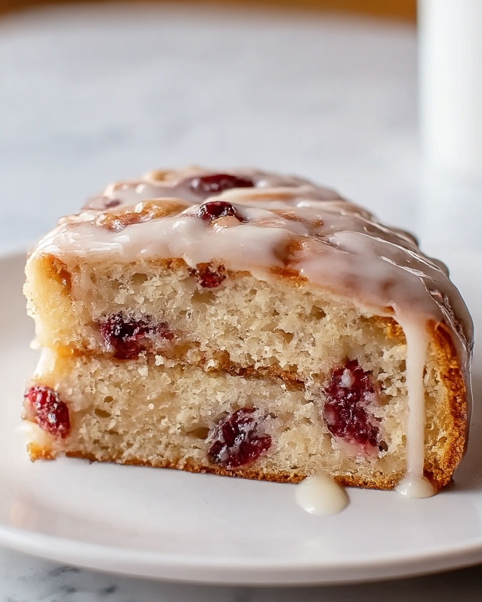 The image shows a close-up of a triangular slice of cake on a clean white plate. The cake has two visible layers: the outer crust is golden brown with a slightly crispy texture, and the soft inner layer is light beige with visible bits of dark red fruit embedded throughout. The top of the cake is coated with a white glaze that glistens under the light, slightly dripping down the sides, adding a shiny and smooth contrast to the rough surface of the cake. The background is a soft white marbled texture, creating a clean and bright setting. photo taken with an iphone --ar 4:5 --v 7