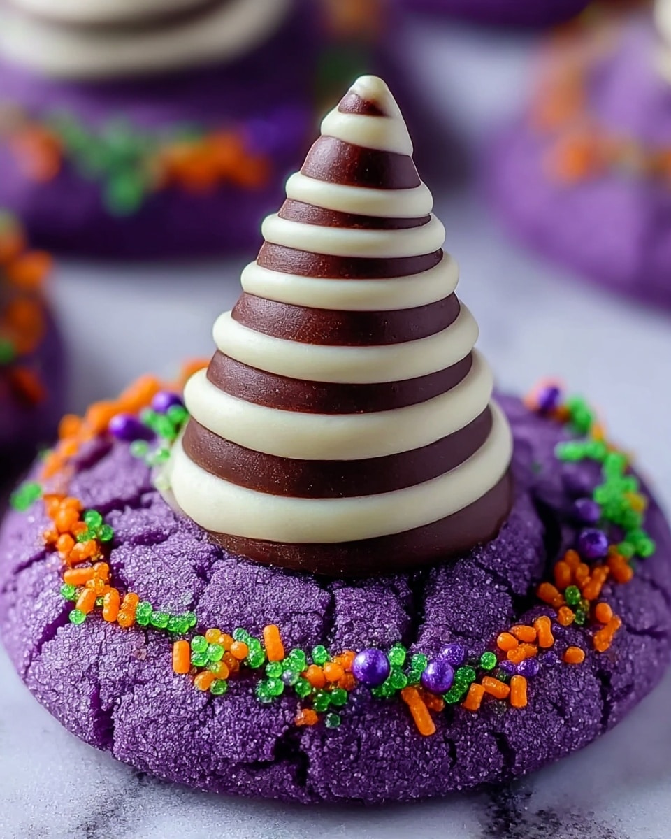 The image shows a close-up of a purple cookie with a cracked surface texture, sprinkled with colored sugar granules in orange, green, and purple around the edges. On top of the cookie sits a small, cone-shaped chocolate piece with thick, smooth white and dark brown stripes spiraling upwards. The background is a soft white marbled texture. Photo taken with an iphone --ar 4:5 --v 7
