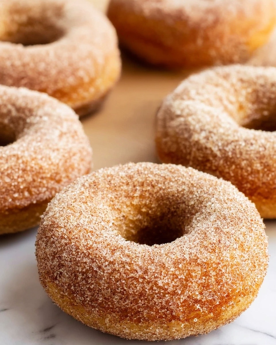 The image shows a group of round donuts with a hollow center, each donut covered with a rough layer of sugar and cinnamon powder. The donuts have a golden-brown color beneath the sugar layer and a soft texture. They are placed on a surface with a white marbled texture, visible slightly around the edges of the donuts. The donuts appear slightly raised and thick, with the sugar coating evenly spread all around their surface. Photo taken with an iphone --ar 4:5 --v 7