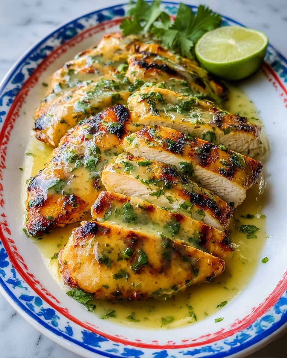 A white oval plate with a blue and red decorative rim holds six slices of grilled chicken breast arranged closely in a single row from front to back. The grilled chicken has a golden brown char with some darker spots, covered in a glossy light yellow sauce speckled with green chopped herbs. Fresh cilantro leaves and a lime wedge rest near the back edge of the plate, adding a pop of green color. The plate sits on a white marbled texture surface. Photo taken with an iphone --ar 4:5 --v 7