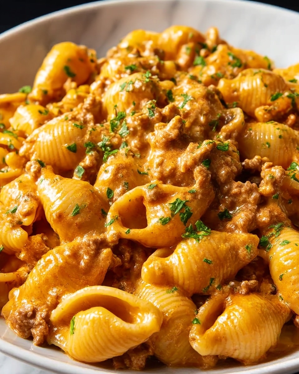 This close-up image shows a dish of pasta shells covered in a thick, creamy meat sauce. The pasta is a warm yellow color with a shiny, smooth texture. The meat sauce clings to the pasta, with small chunks of ground meat mixed throughout. The sauce has a rich, light brown to reddish hue, making the dish look hearty and flavorful. Fresh green herbs are sprinkled on top, adding a touch of color and freshness. The dish appears abundant and comforting, filling the frame against a white marbled background. Photo taken with an iphone --ar 4:5 --v 7
