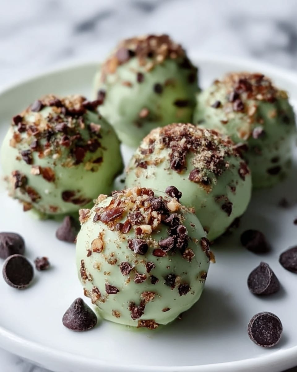 The image shows five round truffles covered in a light green coating with small chocolate chips and crushed nuts scattered on top. They are placed on a white plate with a few loose dark chocolate chips around them. The truffles have a smooth and slightly glossy texture, with the toppings giving them a rough and crunchy look. The background is a white marbled surface. photo taken with an iphone --ar 4:5 --v 7