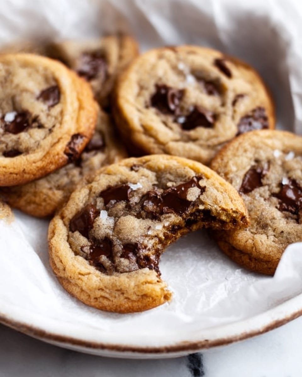 The image shows several round chocolate chip cookies with a golden-brown color resting on crumpled white parchment paper inside a white bowl. One cookie in the front has a bite taken out, revealing a soft inside with visible dark chocolate chips. The cookies have a slightly crispy edge and a chewy center. Crumbs and melted chocolate spots are visible on the parchment paper near the bitten cookie. The photo taken with an iphone --ar 4:5 --v 7