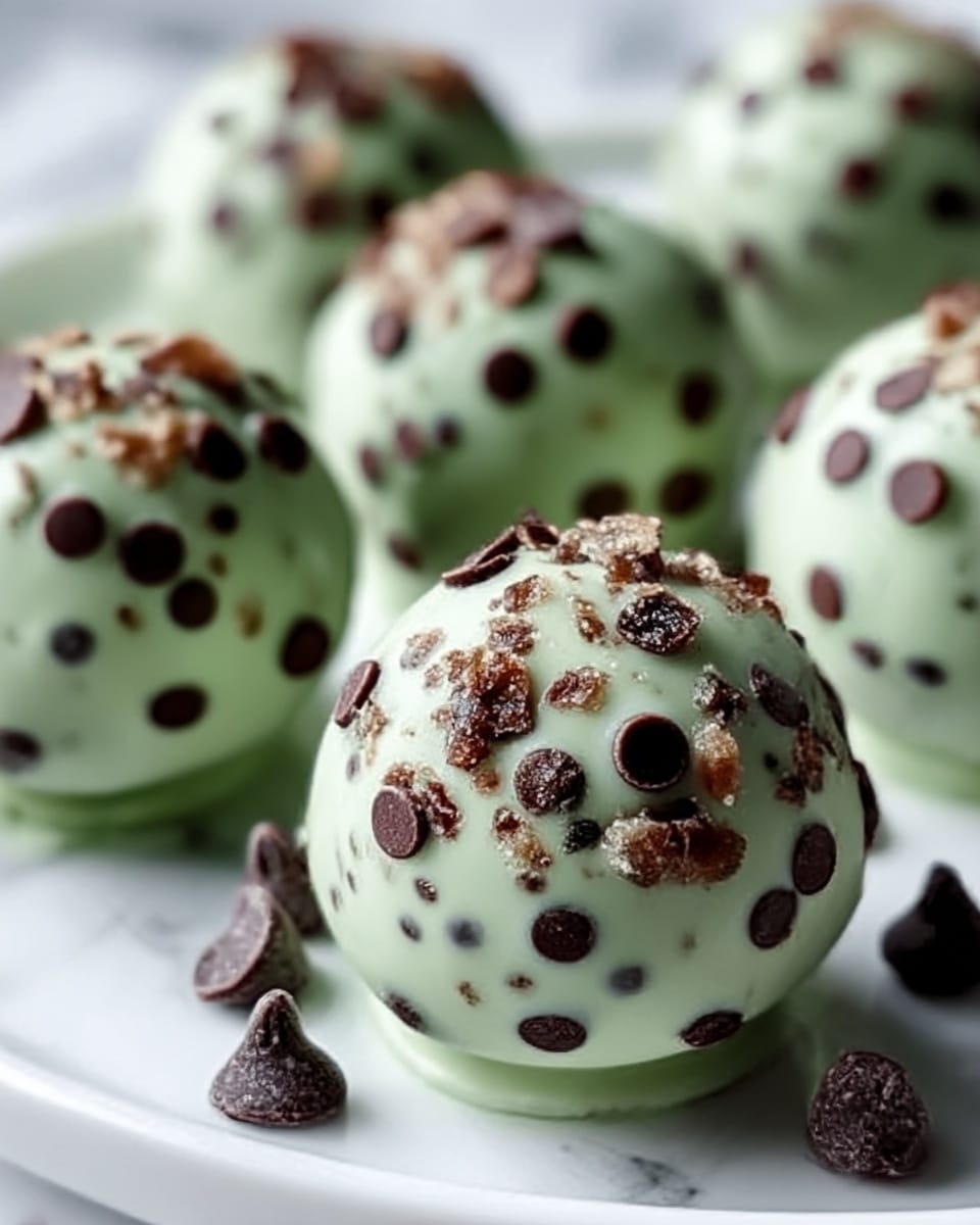 The image shows round truffles coated in a light green layer that looks smooth and creamy, dotted with small dark brown chocolate chips and lighter brown chopped nuts all over the surface. The truffles are placed on a white plate with a few extra chocolate chips scattered around. The light green coating contrasts nicely with the dark and light brown toppings, creating a textured and colorful treat. The background is a white marble surface. photo taken with an iphone --ar 4:5 --v 7