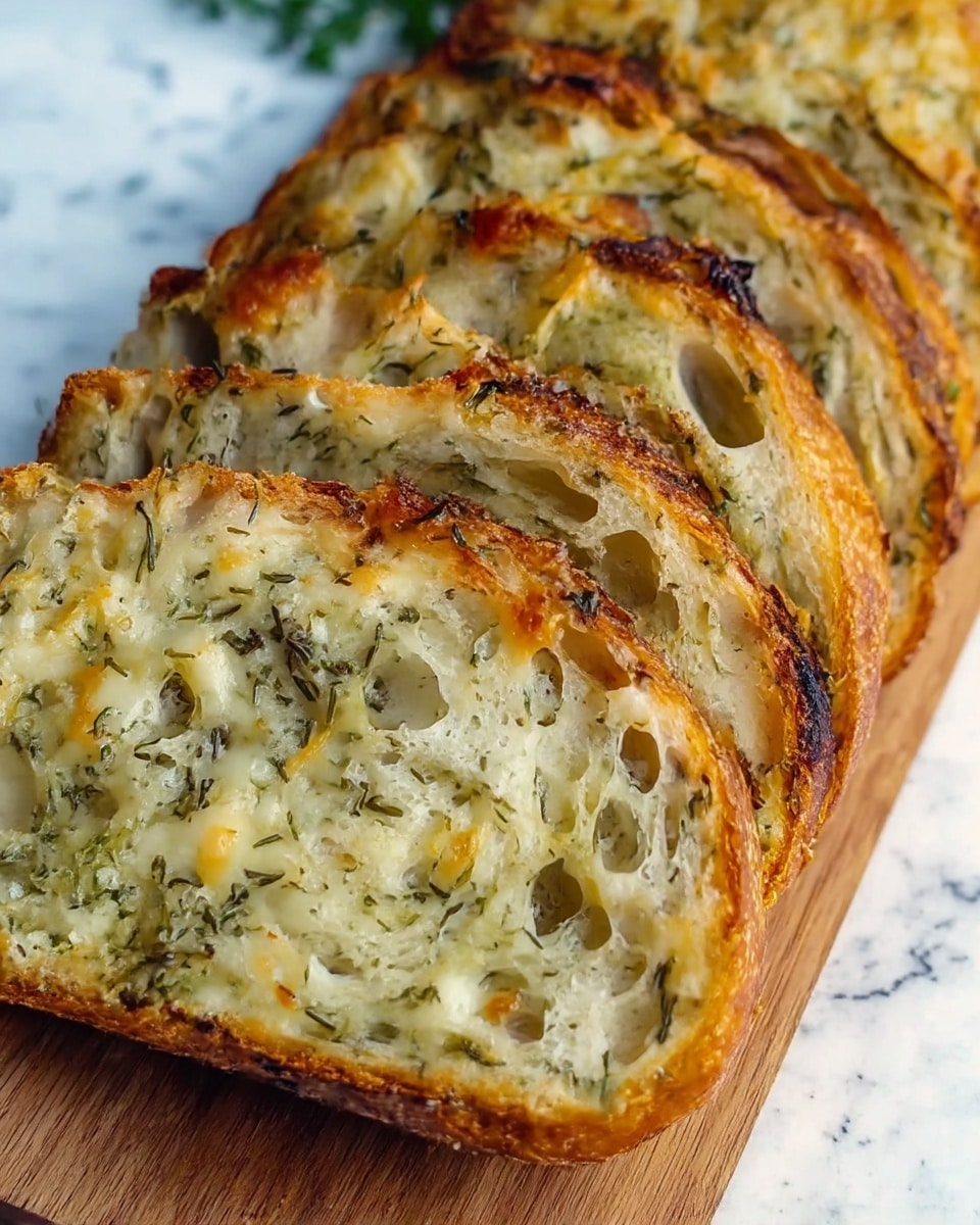 The image shows several slices of herb and cheese bread arranged in a row on a white marbled surface. Each slice has a golden brown crust with darker toasted edges and a soft, light interior. Inside the bread, there are visible layers of melted cheese that is yellowish and gooey, mixed with green herb strands spread evenly throughout. The texture of the bread looks airy and slightly chewy, with small air pockets visible in the crumb. The slices lean slightly against each other, creating a lined pattern with the focus on the front slice. Photo taken with an iphone --ar 4:5 --v 7