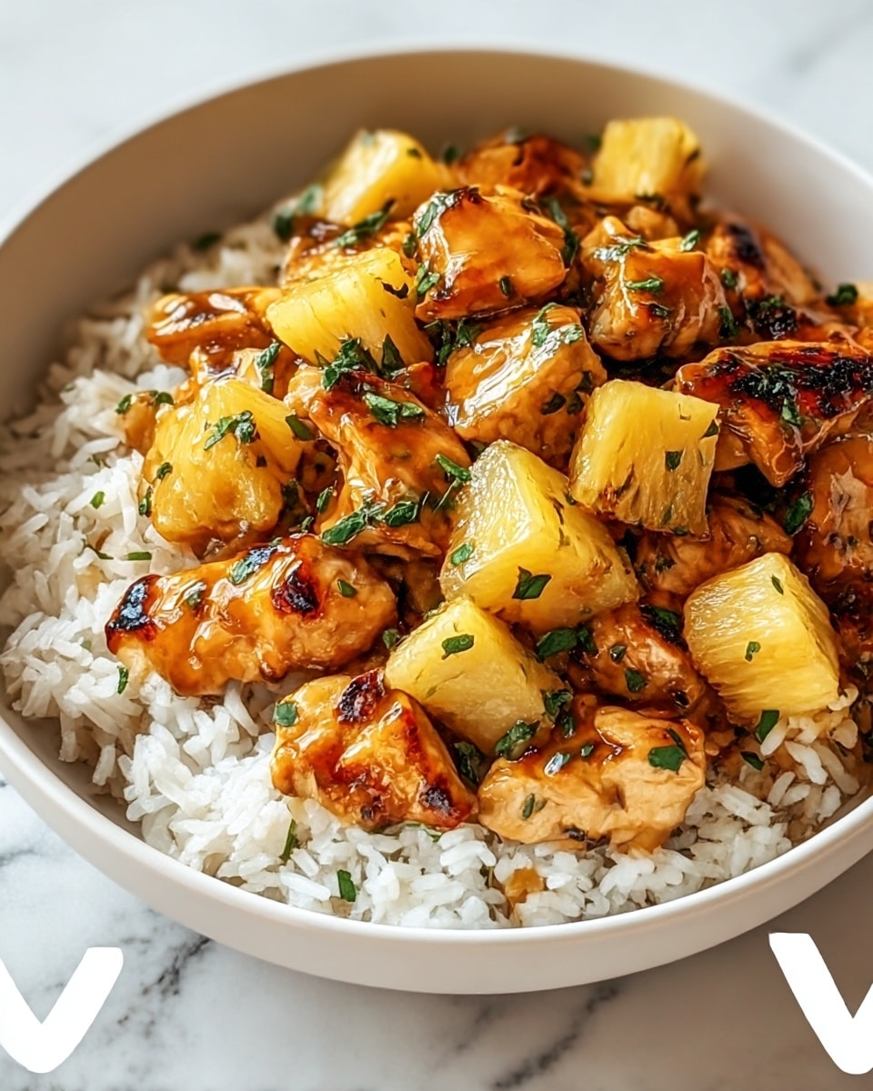 A white bowl filled with a base layer of light brown cooked rice, topped with juicy, golden-yellow pineapple chunks and browned, grilled chicken pieces that have a glossy sauce coating. The chicken and pineapple pieces are mixed evenly, with small bits of green herbs sprinkled on top, adding a fresh touch. The textures show the softness of the rice, the moistness of the pineapple, and the slight char on the chicken. The bowl is placed on a white marbled surface. photo taken with an iphone --ar 4:5 --v 7