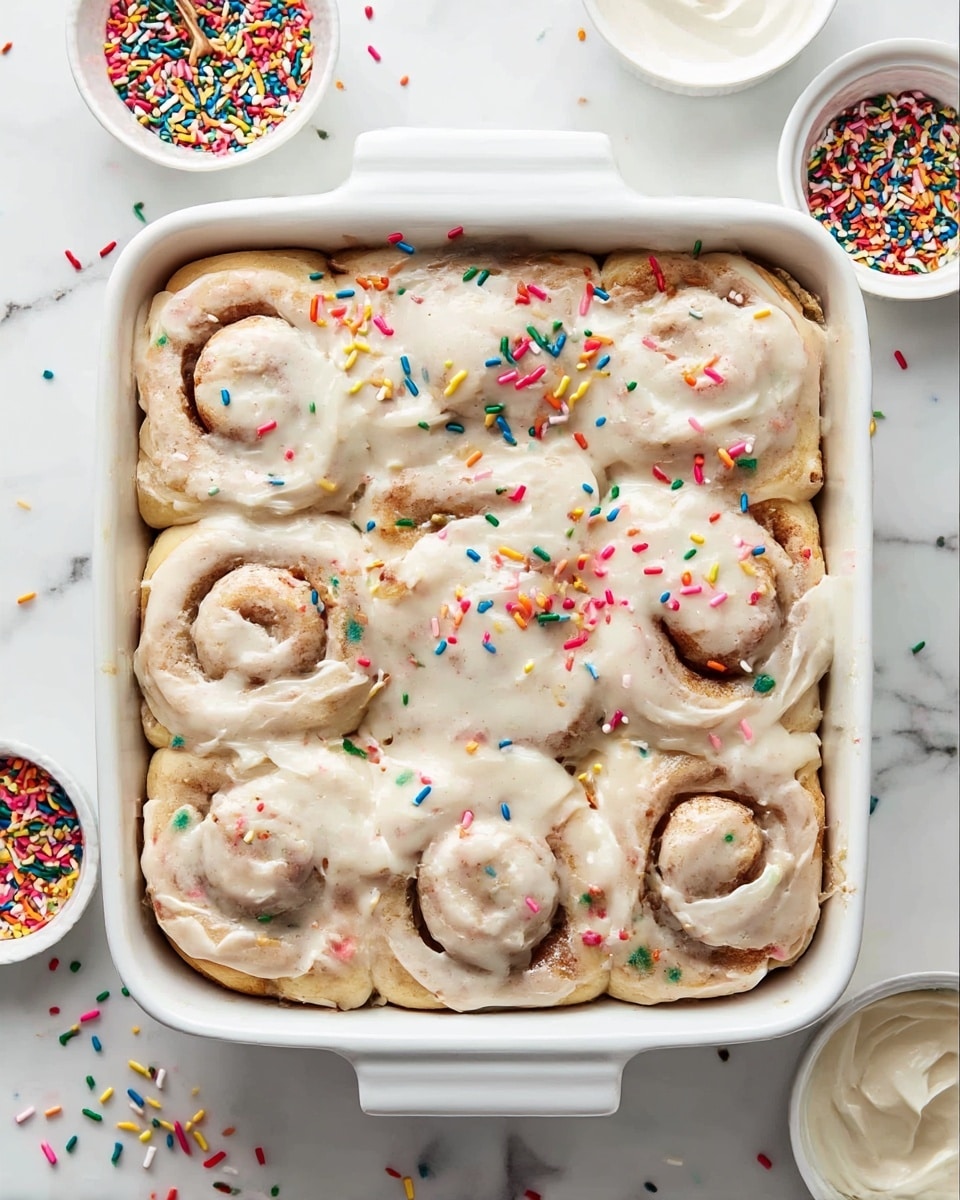 A white square baking dish holds nine soft cinnamon rolls arranged in three rows, each roll swirled with a light golden brown dough base dotted with colorful rainbow sprinkles inside. The rolls are thickly covered with smooth, creamy white icing that drapes over the edges and fills the gaps between the rolls. More rainbow sprinkles in red, yellow, pink, blue, green, and orange are scattered on top, adding bright pops of color. Around the dish, there are two small white bowls, one filled with more sprinkles and the other with extra white icing, all set on a white marbled surface. photo taken with an iphone --ar 4:5 --v 7
