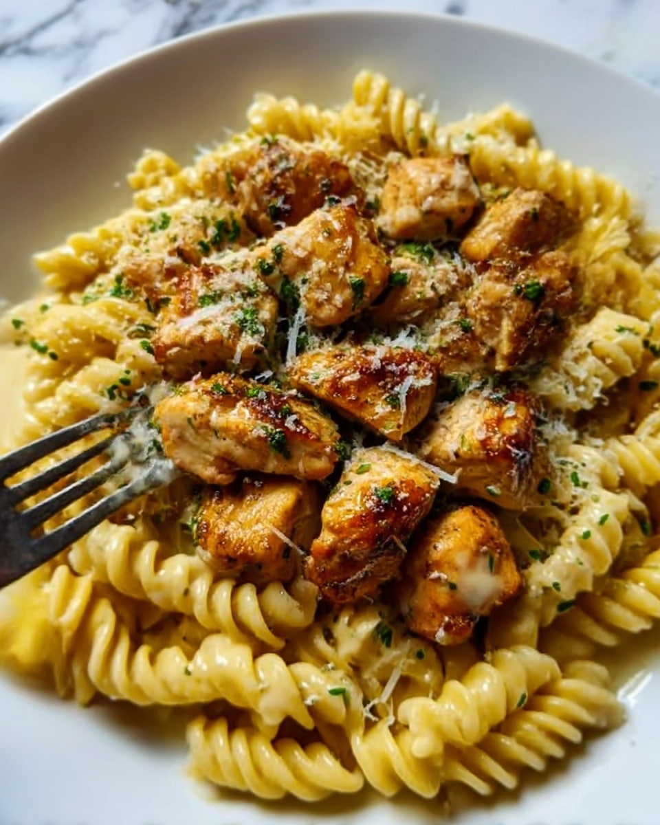 The image shows a close-up of a white plate filled with creamy yellow pasta spirals at the bottom layer. On top of the pasta, there are small golden-brown grilled chicken pieces scattered evenly, sprinkled with grated white cheese and tiny green herb bits for garnish. The pasta looks smooth and glistening, contrasting with the slightly crispy texture of the chicken. A silver fork is partially visible near the top right corner, resting on the plate. The background is a white marbled texture. photo taken with an iphone --ar 4:5 --v 7