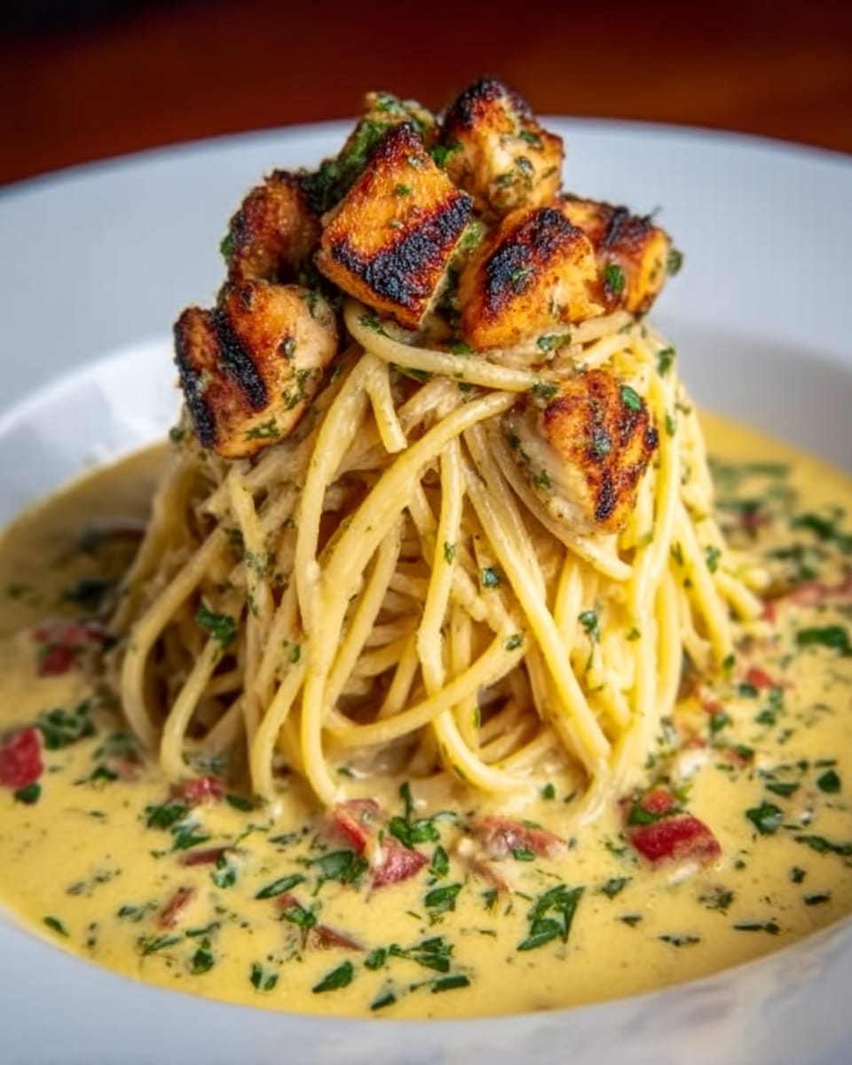 A white plate holds a creamy pasta dish with a smooth yellow sauce that has chopped green herbs mixed in. The pasta is twirled into a tall mound at the center, showing a light golden color and firm texture. On top of the pasta are browned grilled chicken pieces with a charred, crispy surface. Small bits of red tomato peek out around the pasta in the sauce. The background is a white marbled texture. Photo taken with an iphone --ar 4:5 --v 7