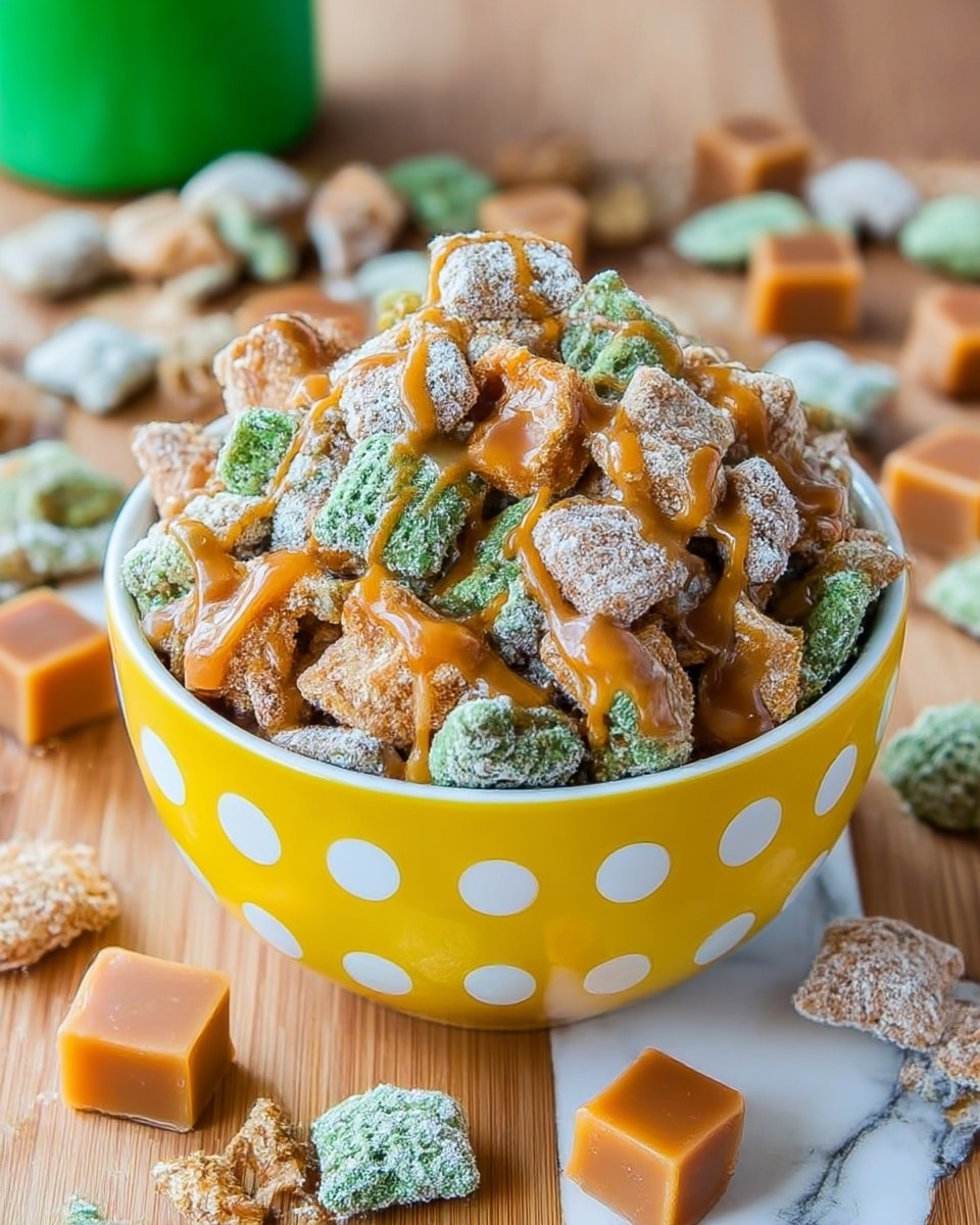 A white bowl filled with cereal pieces that are light brown and green, some coated with a white powder. The cereal is drizzled with a smooth caramel sauce, creating a glossy orange layer over the top. The bowl sits on a white marbled surface, with more cereal pieces and small caramel squares scattered around it. The cereal has a crunchy, rough texture, and the caramel sauce adds a shiny, sticky look. photo taken with an iphone --ar 4:5 --v 7