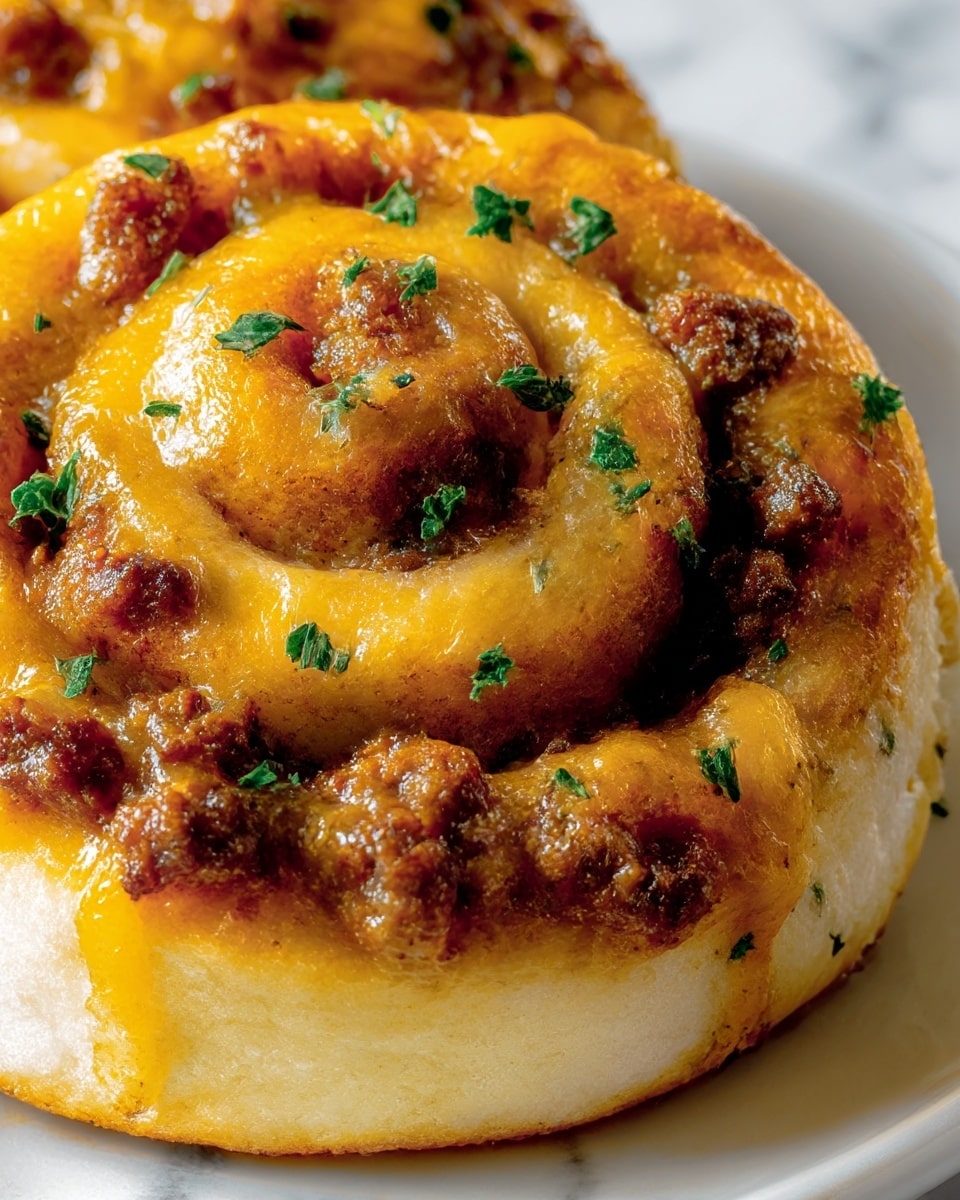 A close-up of a savory roll showing multiple layers starting with a soft, golden-brown dough base at the bottom, followed by a rich layer of browned ground meat, and topped with melted, glossy orange cheddar cheese spread evenly across the spiral. Small bits of green parsley are sprinkled on top for a fresh contrast, adding vibrant green specks over the warm, gooey cheese. The edges of the roll have a slight crispiness and a browned texture, with the melt and meat blending in a spiral shape on a white plate, placed on a white marbled surface. photo taken with an iphone --ar 4:5 --v 7