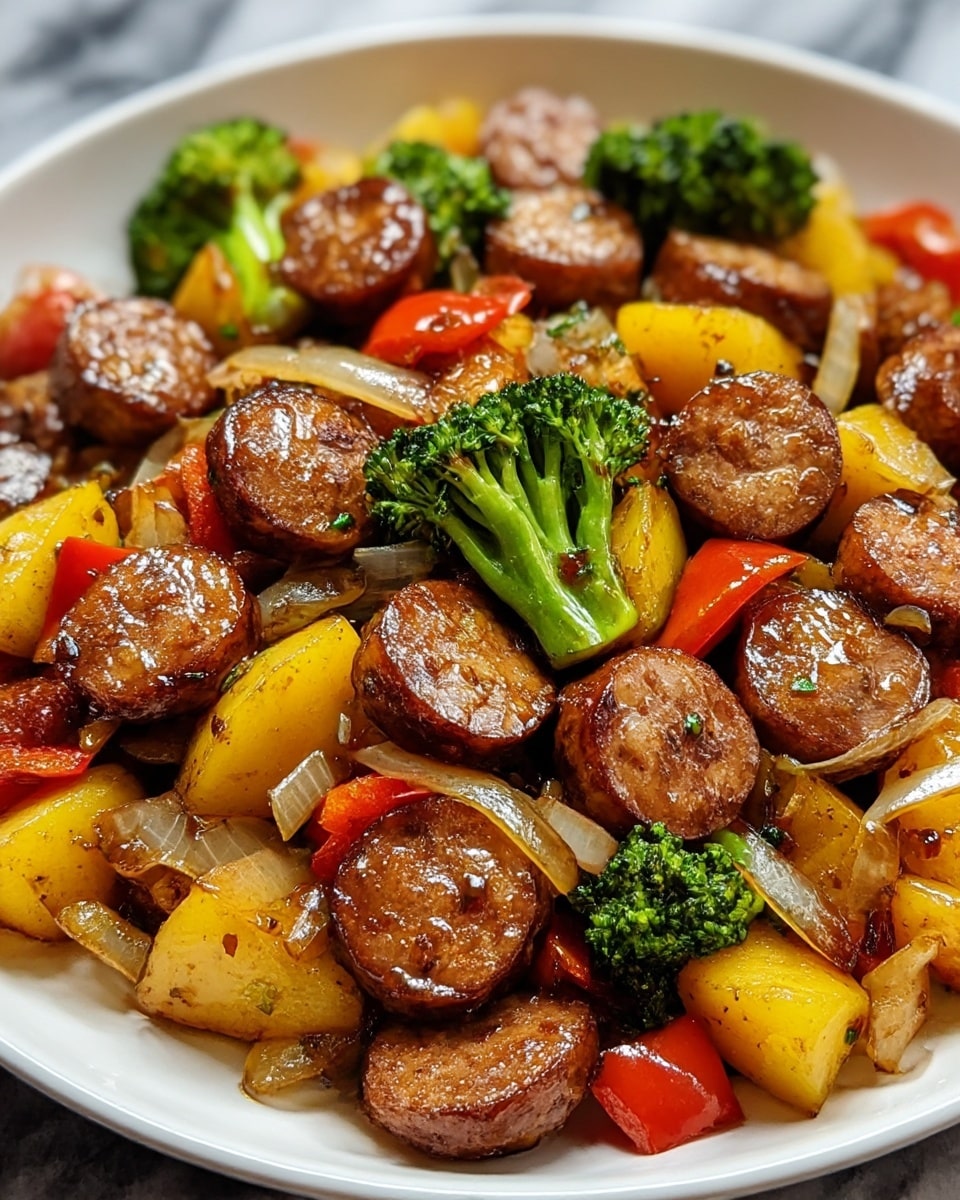 A close-up view of a black plate filled with cooked sausage slices and chopped vegetables on a white marbled surface. The dish has three main layers: at the bottom, pieces of slightly charred, juicy sausage with a brown and crispy texture; mixed throughout are bright, chunky vegetable pieces including dark green broccoli florets, vibrant red bell peppers, glossy white onion chunks, and tender yellow squash slices all coated with a shiny glaze; finely chopped green herbs are scattered on top, adding a pop of fresh color. The ingredients look well-cooked and mixed evenly, creating a colorful and hearty stir-fry meal. photo taken with an iphone --ar 4:5 --v 7