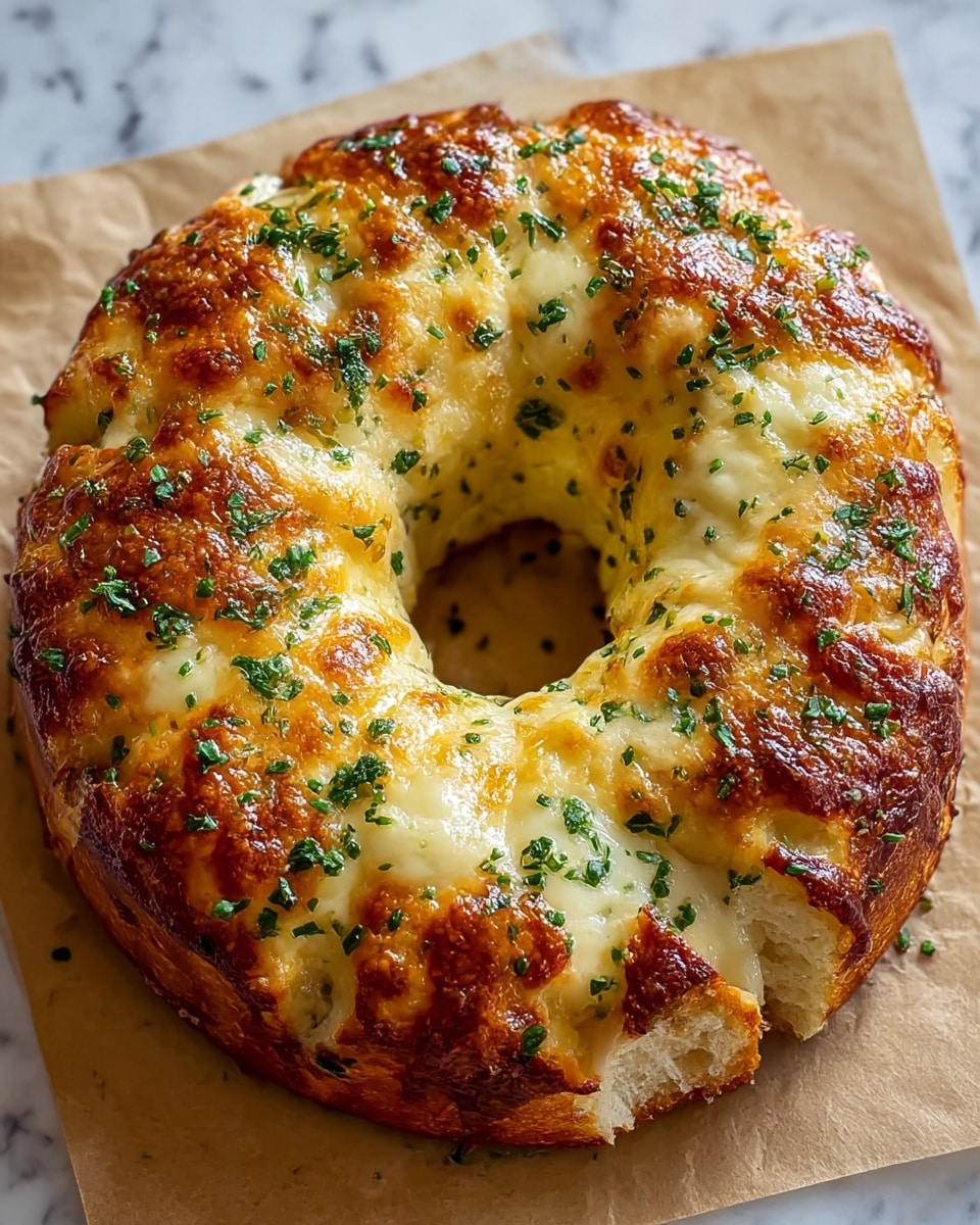 A golden brown round garlic cheese bread sits on white parchment paper over a white marbled surface, shaped like a ring with eight distinct sections. The top layer is melted cheese, browned and bubbly with crispy edges, showing a rich mix of golden, dark brown, and creamy white tones. Small green chopped herbs are sprinkled evenly over the top, adding a fresh contrast to the warm colors. The bread underneath peeks through slightly between the cheese, showing a soft, light brown texture. Photo taken with an iphone --ar 4:5 --v 7