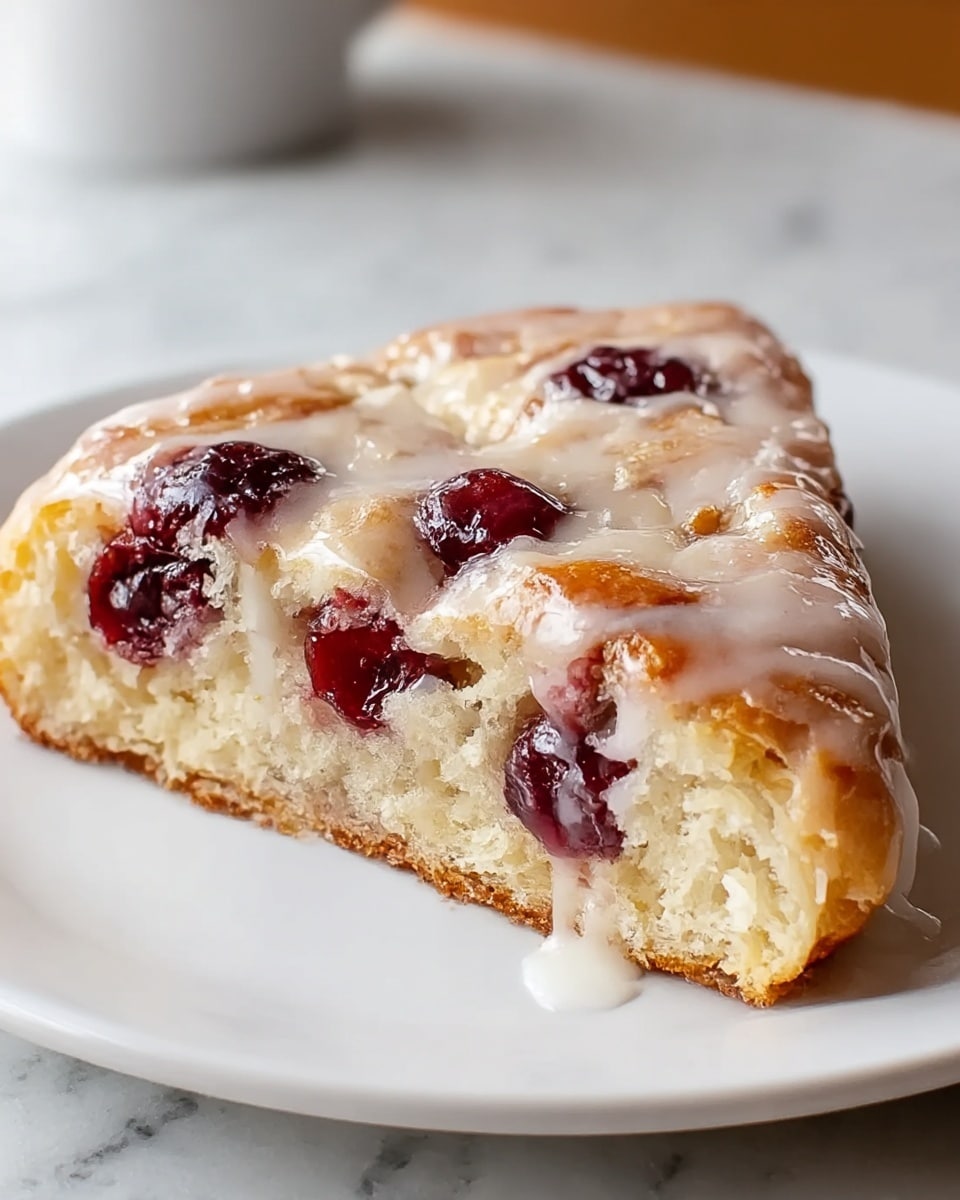 The image shows a close-up of a triangular slice of cake with three visible layers. The base layer is a golden-brown pastry with a crusty texture, dotted with moist, fluffy white dough inside. Within the dough, there are scattered dark red cherry pieces that look juicy and soft. On top, there is a thin white glaze that shines slightly, dripping down the sides unevenly. The slice sits on a white plate placed on a white marbled surface. Photo taken with an iphone --ar 4:5 --v 7
