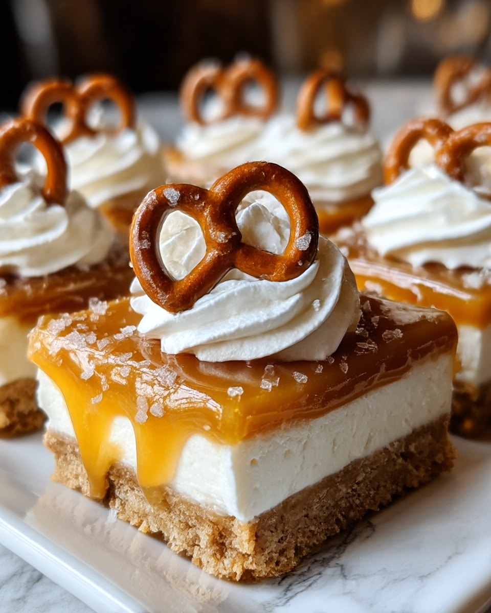 This image shows a dessert with four visible square pieces on a white plate, each piece having three clear layers from bottom to top. The bottom layer is a crumbly light brown crust, the middle layer is thick and creamy white, and the top layer is a shiny caramel sauce dripping slightly over the edges. Each piece is topped with a swirl of white whipped cream and a small golden-brown pretzel sprinkled with coarse salt, placed vertically on the whipped cream. The background is blurred with warm, soft light, and the plate sits on a wooden surface against a white marbled texture. photo taken with an iphone --ar 4:5 --v 7
