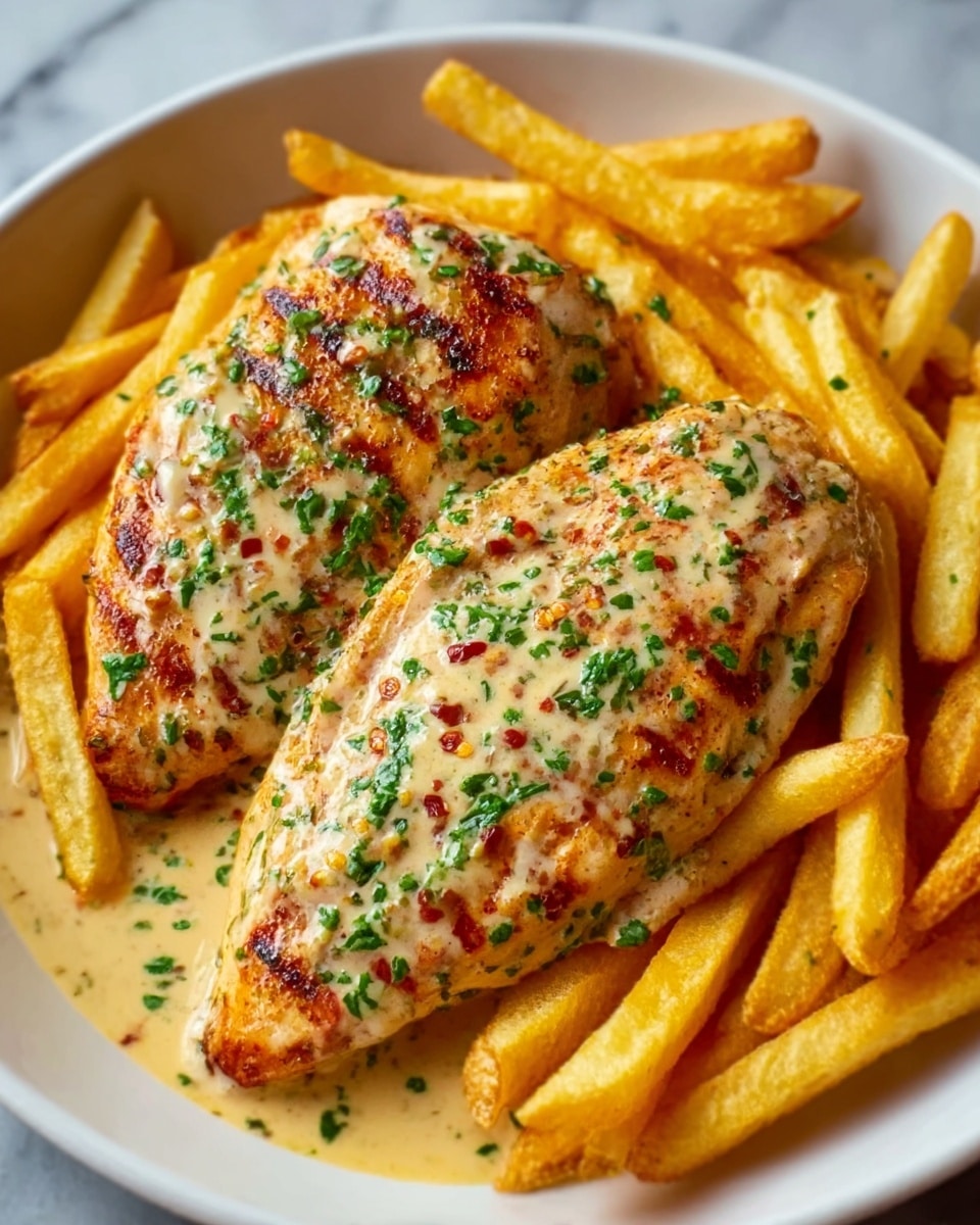 A white plate on a white marbled surface holds two grilled chicken breasts with a golden-brown char and melted cheese on top, sprinkled with finely chopped green herbs and small bits of red seasoning. Around the chicken breasts, there are thick golden French fries, some touching the edges of the chicken. The texture of the chicken looks juicy and soft, while the fries are crispy. Photo taken with an iphone --ar 4:5 --v 7