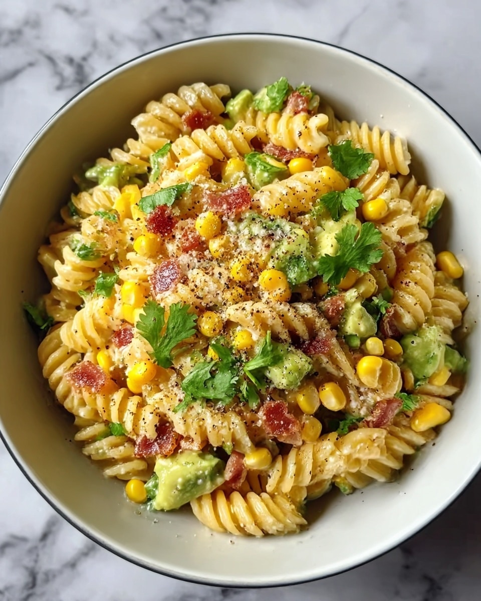 A black bowl filled with a creamy pasta salad made of spiral pasta as the base layer, light beige in color with a smooth texture. Mixed within the pasta are bright yellow corn kernels and small pieces of red bacon strips, adding contrast. On top, there are chunks of green avocado, bits of white cheese, and fresh green cilantro leaves scattered around, giving a fresh look. Some black pepper is sprinkled on top for texture and color variation. The bowl sits on a white marbled surface. Photo taken with an iphone --ar 4:5 --v 7