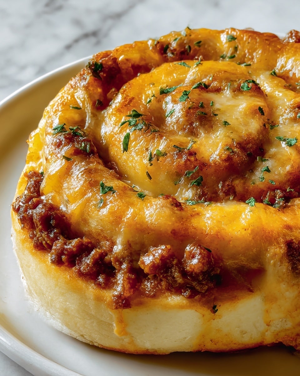 A close-up of a spiral savory roll with three visible layers: the outer dough layer is light beige and soft with a slightly browned edge; the middle layer is a golden melted cheese that glistens with a slightly crispy texture; the inner layer is a crumbly browned ground meat filling that is generously spread in a spiral pattern. The roll is topped with finely chopped green herbs scattered evenly across the surface. The roll sits on a white plate and the background is a white marbled texture. photo taken with an iphone --ar 4:5 --v 7