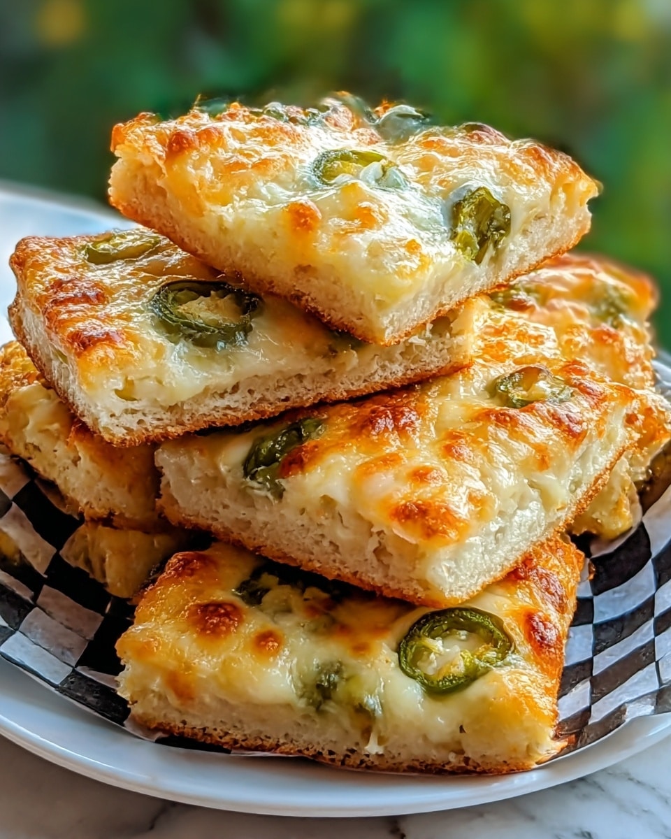 Several square pieces of cheesy bread are stacked in a white bowl with a black and white checkered pattern inside. Each piece has two main layers: a golden brown bottom crust that is firm and slightly crispy, and a thick top layer of melted cheese that is creamy white with golden, bubbly spots. Scattered green jalapeño slices and small bits of herbs are visible under the cheese. The cheese layer looks smooth and gooey with some browned edges. The photo has a close-up view, showing the texture and glossiness of the cheese clearly against a white marbled texture in the background. Photo taken with an iphone --ar 4:5 --v 7