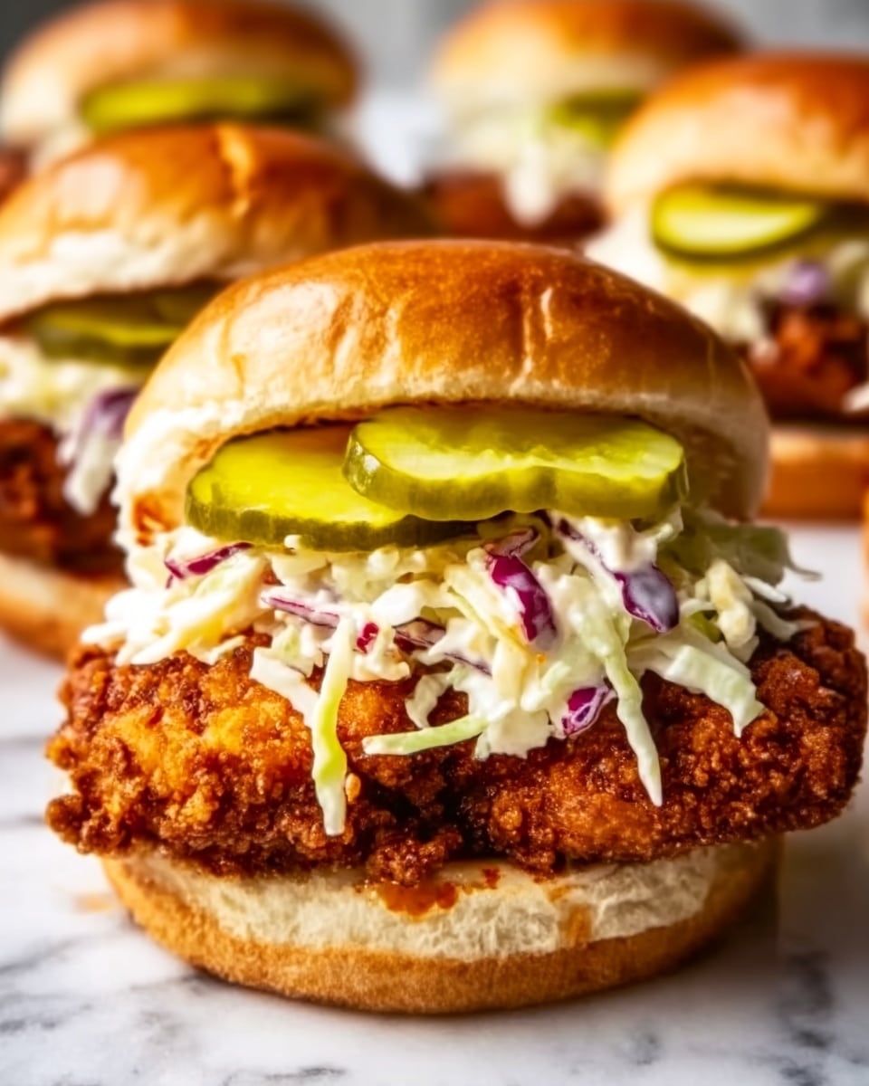 The image shows a crispy fried chicken sandwich with a soft, golden-brown bun layered on top. Below the top bun, there are several slices of bright green pickles. Under the pickles, there is a thick layer of creamy coleslaw with purple and white cabbage visible. The next layer is a large, crunchy, golden-brown fried chicken fillet with a rough texture. The sandwich sits on a white plate placed on a white marbled surface. In the background, two more similar sandwiches are slightly blurred. Photo taken with an iphone --ar 4:5 --v 7