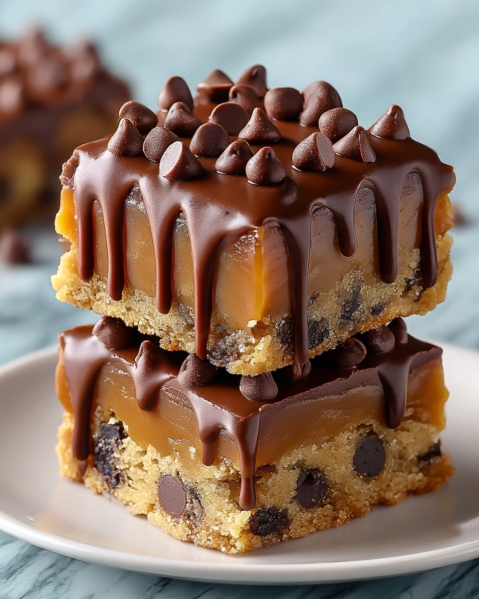 Two layered dessert squares stacked on a white plate, each square has a bottom cookie layer with visible dark chocolate chunks spread throughout. The middle layer is a thick, smooth caramel layer with a rich golden-brown color. The top layer consists of glossy melted chocolate dripping down the sides and topped with scattered solid chocolate chips. The whole image is set against a white marbled texture background. photo taken with an iphone --ar 4:5 --v 7