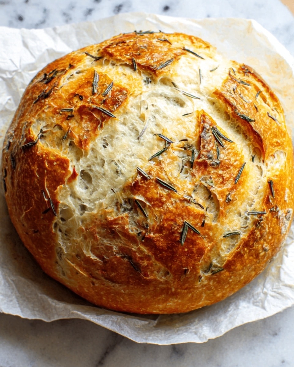 The image shows a round loaf of bread with a golden-brown crust, scored with deep cuts forming a star pattern on top. The crust has a slight shine and is sprinkled with coarse salt and fresh rosemary leaves. The bread is resting on a piece of crinkled white parchment paper over a white marbled surface. A woman's hand is reaching in from the left side, gently holding the edge of the parchment paper. Photo taken with an iphone --ar 4:5 --v 7