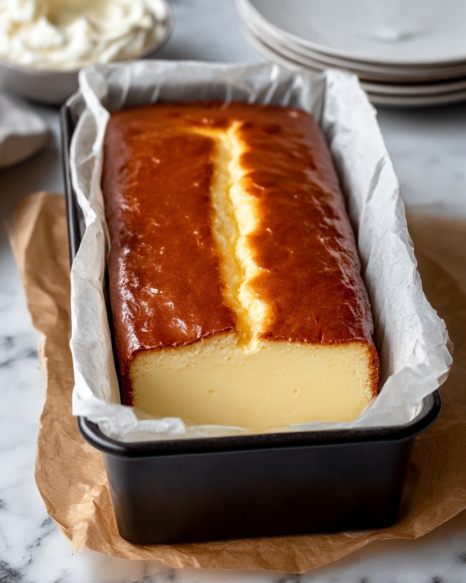 A close-up view of a thick rectangular loaf cheesecake in a white parchment-lined black loaf pan, showing a smooth, creamy pale yellow interior with a rich, glossy golden-brown top that has a natural crack running through the middle, revealing the soft texture inside. The pan rests on a white marbled surface with some folded brown parchment paper visible under the pan, and a stack of white plates with a bowl of white cream on the side is slightly blurred in the background. Photo taken with an iphone --ar 4:5 --v 7