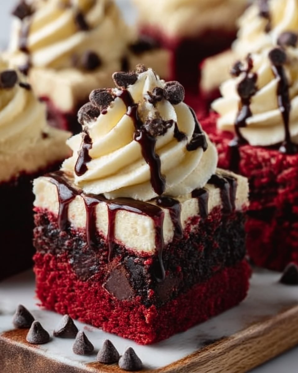The image shows a close-up of a small square dessert with three visible layers: the bottom and top layers are deep red with a soft, moist texture, while the middle layer is dark brown and looks rich and fudgy. On top of the dessert is a swirl of creamy white frosting with a smooth texture, drizzled with dark chocolate sauce in thin, uneven lines. The dessert is placed on a wooden surface with scattered chocolate chips around it. Photo taken with an iphone --ar 4:5 --v 7