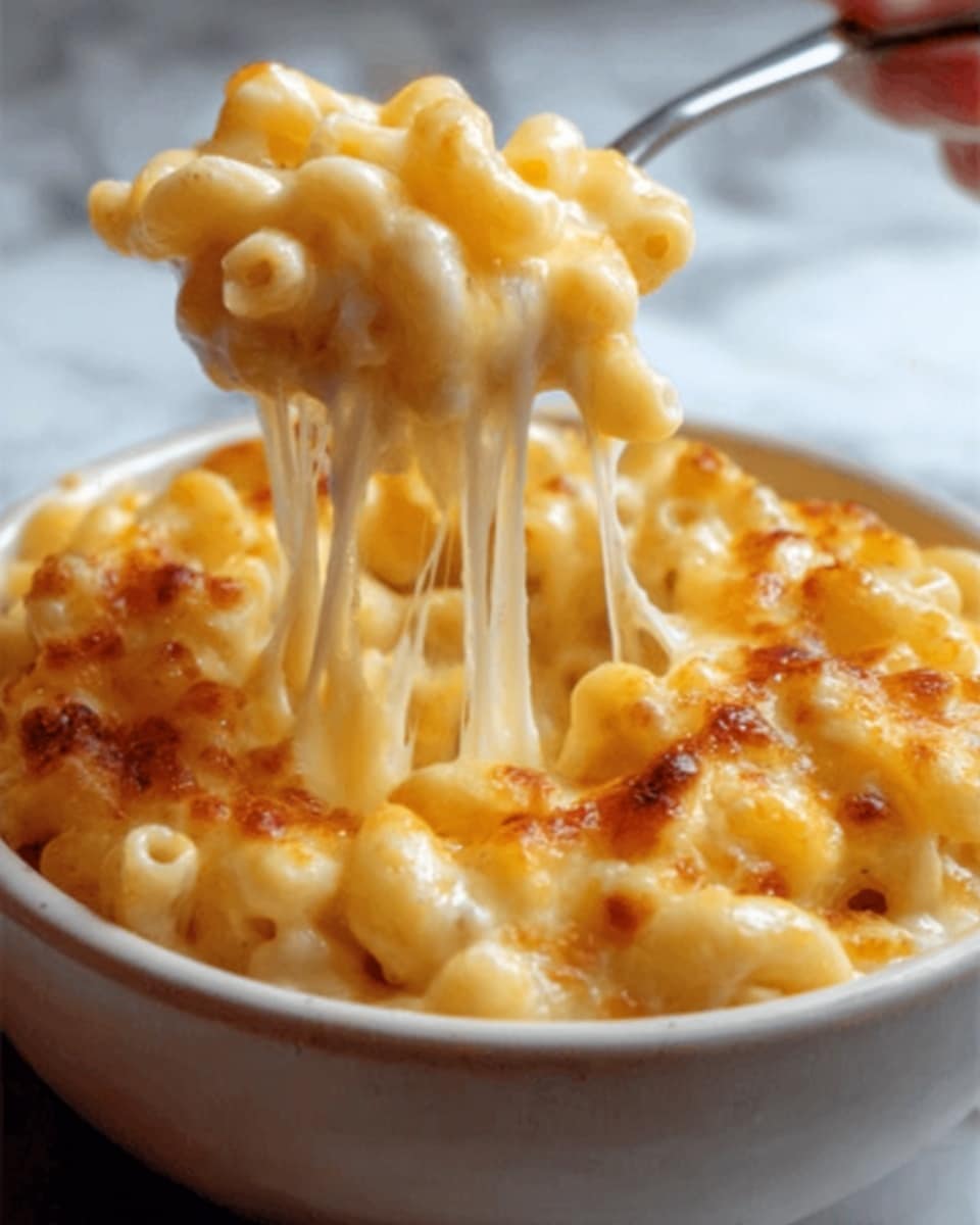 This image shows a close-up of a bowl filled with creamy macaroni and cheese. The dish has one main layer of soft, curled macaroni pasta covered with melted, gooey cheese that stretches as a portion is lifted. The cheese layer is golden yellow with some browned spots on top, giving it a crispy texture. The bowl is white, and the background is a white marbled texture. A woman's hand is lifting the pasta with a spoon or fork. Photo taken with an iphone --ar 4:5 --v 7