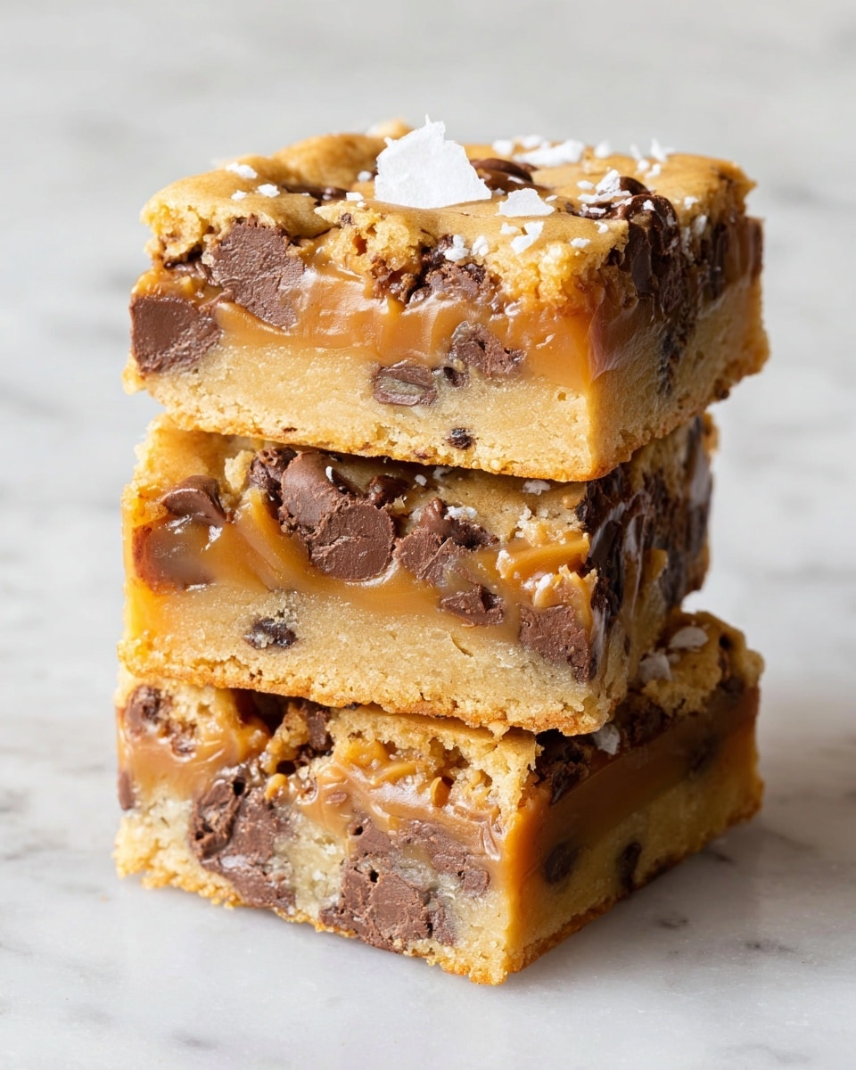 The image shows a stack of three thick, square-shaped bars with three visible layers. The bottom and top layers are golden-brown cookie dough with a slightly crumbly texture and many dark brown chocolate chunks spread throughout. The middle layer consists of a smooth, creamy caramel that looks soft and slightly gooey. A few white flakes are scattered on the top of the bars. The bars are placed on a white marbled surface in a close-up shot. photo taken with an iphone --ar 4:5 --v 7