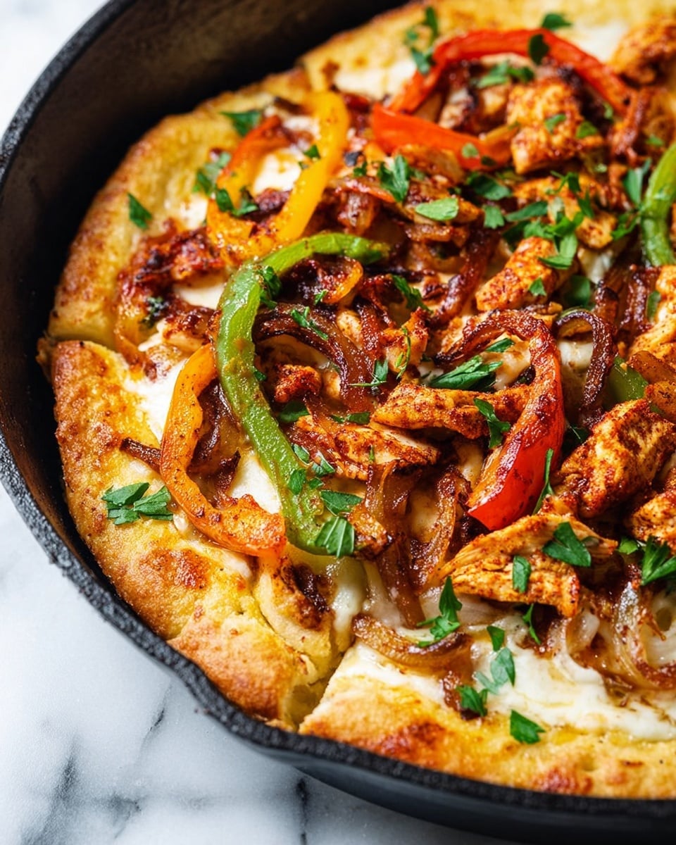 A close-up of a pizza in a black cast iron pan showing three main layers: the base is a golden, thick, slightly puffy crust with a soft texture and light seasoning on the edges; the middle layer is melted white cheese spread evenly across the surface; the top layer has grilled strips of orange and green bell peppers, browned caramelized onions, and pieces of cooked chicken with an orange-brown spice coating, all scattered with fresh green parsley leaves. The pan is set on a white marbled texture. Photo taken with an iphone --ar 4:5 --v 7
