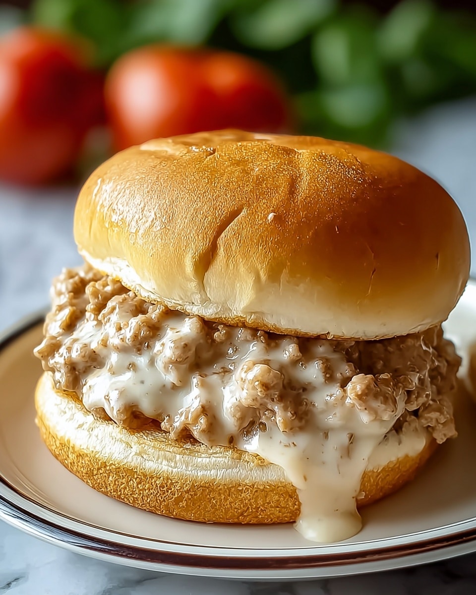 A close-up view of a sandwich with two soft, shiny light brown buns on top and bottom. Between the buns is a thick, creamy layer of ground meat gravy, which is light tan with visible chunks and a smooth sauce texture, slightly spilling over the edges. The sandwich sits on a white plate with a thin dark rim, all placed on a white marbled surface. In the blurred background, there are green leaves and a red tomato. photo taken with an iphone --ar 4:5 --v 7