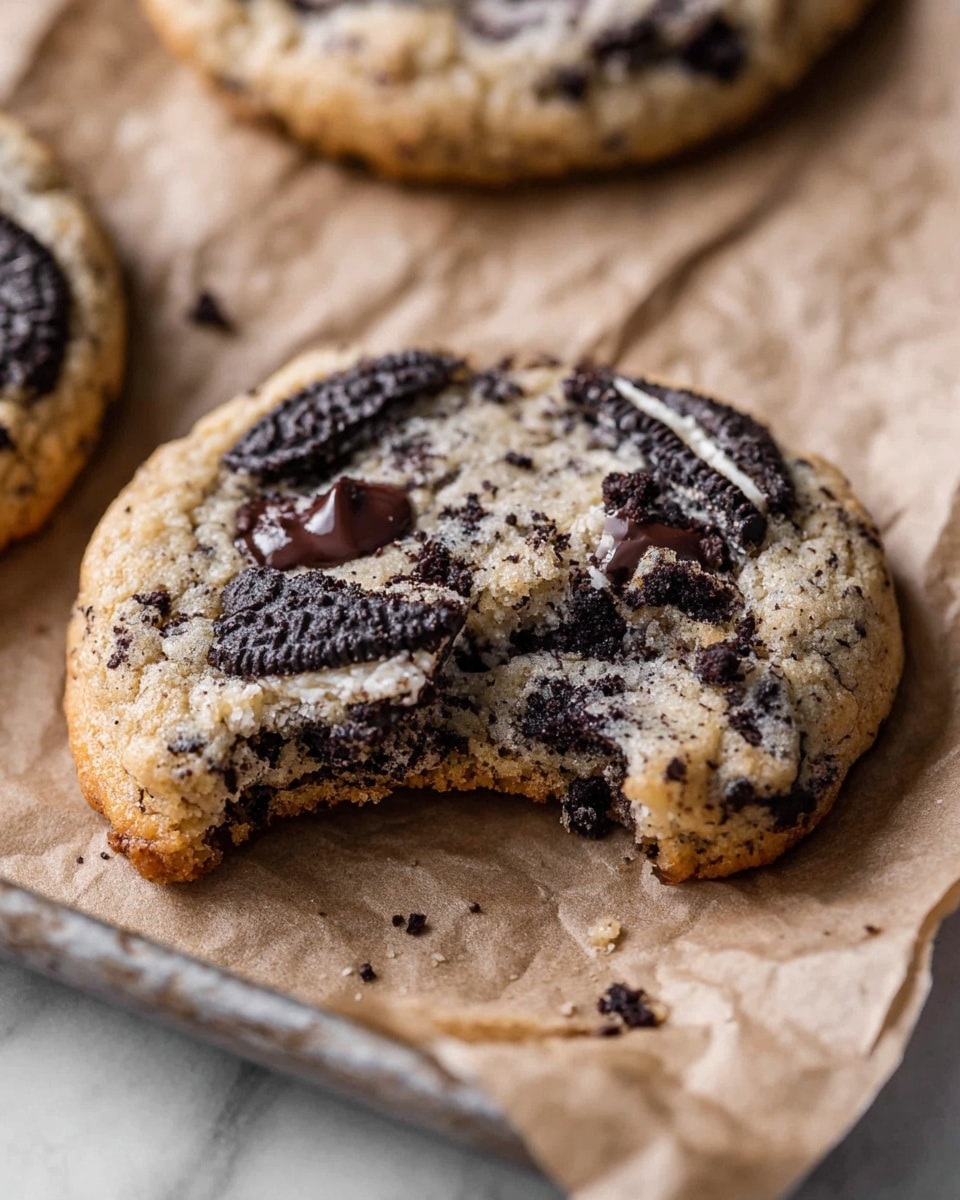 A round cookie with a thick, golden-brown outer edge and a soft interior, filled with both pieces of dark chocolate cookies and melted chocolate chips. The top shows three large chunks of dark chocolate sandwich cookie with white cream inside, embedded into the light brown cookie dough. The cookie has a bite taken out of it, revealing a moist, chewy inside with visible dark crumbs and melted chocolate. It rests on crinkled brown parchment paper, placed on a white marbled surface. photo taken with an iphone --ar 4:5 --v 7