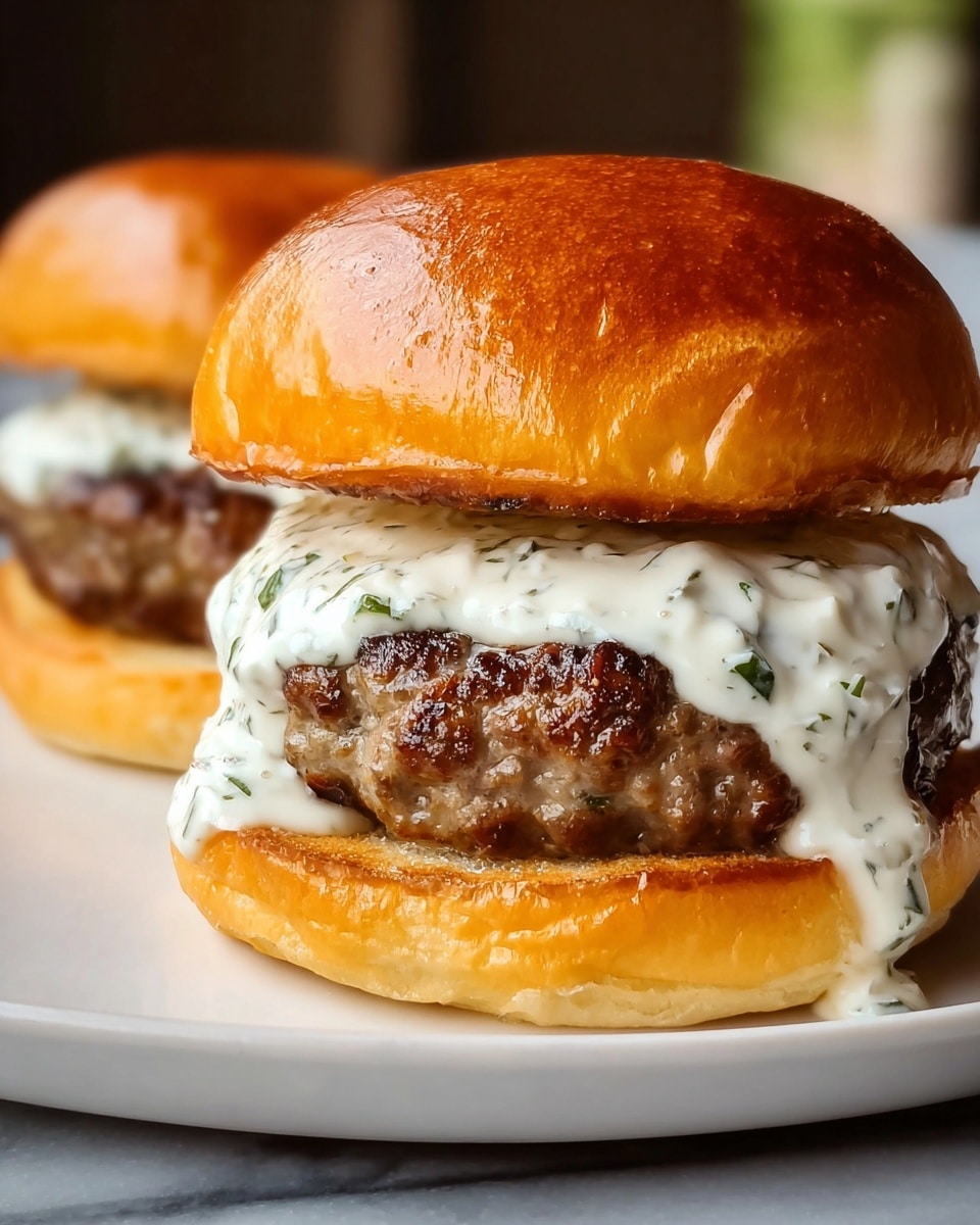The image shows two burgers on a white plate placed on a white marbled surface. Each burger has three layers: a shiny, golden brown top bun with a soft and smooth texture; a thick, juicy beef patty with a grilled, slightly charred surface; and a creamy white sauce with green herb flecks dripping down the sides, sitting on the beef. The bottom bun is golden and fluffy, supporting the patty and sauce. The focus is on the front burger, with the second burger softly blurred in the background. photo taken with an iphone --ar 4:5 --v 7
