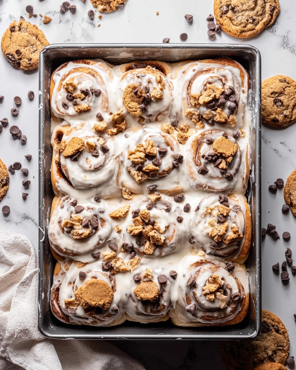 A metal baking pan filled with nine swirled cinnamon rolls arranged in three rows, each roll coated generously with a thick, white icing that drips down the sides, showing soft golden-brown dough underneath mixed with dark chocolate chips inside the rolls. The top layer is decorated with whole and broken mini chocolate chip cookies scattered unevenly, with cookie pieces showing crunchy texture and dark chocolate chunks. The pan sits on a white marbled surface scattered with more mini cookies and dark chocolate chips, and a soft white cloth is casually placed next to the pan. photo taken with an iphone --ar 4:5 --v 7