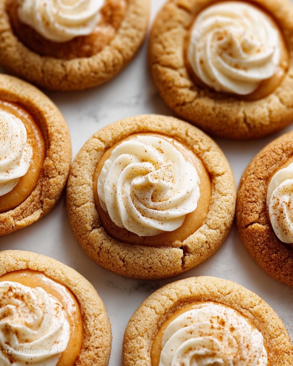 The image shows several small round cookies with two layers. The bottom layer is a soft, light golden-brown cookie base with a slightly rough texture. The top layer varies: some cookies have a smooth, orange-brown filling in the center, while others have a swirl of creamy white frosting with a soft and fluffy texture, sprinkled lightly with a dusting of brown spice. The cookies are placed closely together on a white marbled surface. Photo taken with an iphone --ar 4:5 --v 7