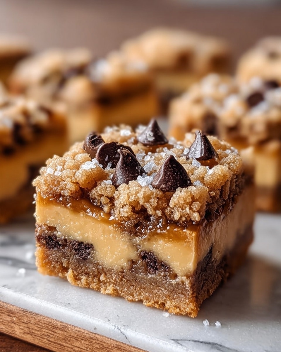 A close-up of a square dessert bar with three distinct layers sitting on a white marbled surface. The bottom layer is a dense, crumbly light brown crust. The middle layer is a thick, creamy caramel-colored filling with visible gooey texture. The top layer is a golden brown cookie-like crust dotted with dark brown melted chocolate chips, sprinkled with coarse white sea salt crystals. The edges are crumbly and slightly rough, showing a fresh baked look. In the background, more similar bars are slightly out of focus. Photo taken with an iphone --ar 4:5 --v 7