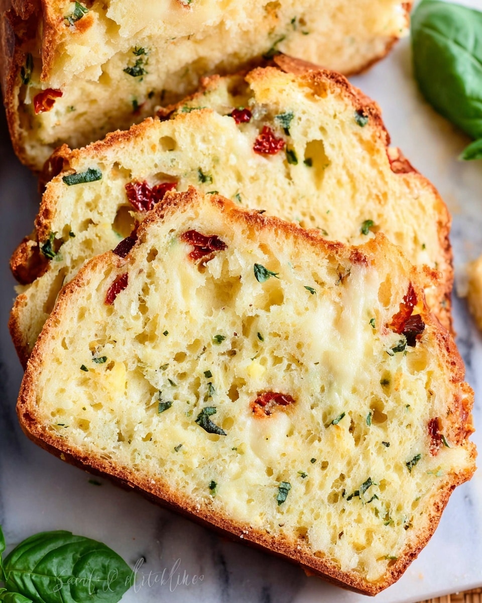 A close-up of a single slice of savory bread showing a fluffy, light yellow crumb with a slightly crispy golden-brown crust on the edges. Inside the bread, there are small pieces of red sun-dried tomatoes and green herbs scattered evenly throughout, along with small pockets of melted white cheese that add a creamy texture. The bread slice is placed on a wooden cutting board with a white marbled texture faintly visible in the background. Photo taken with an iphone --ar 4:5 --v 7