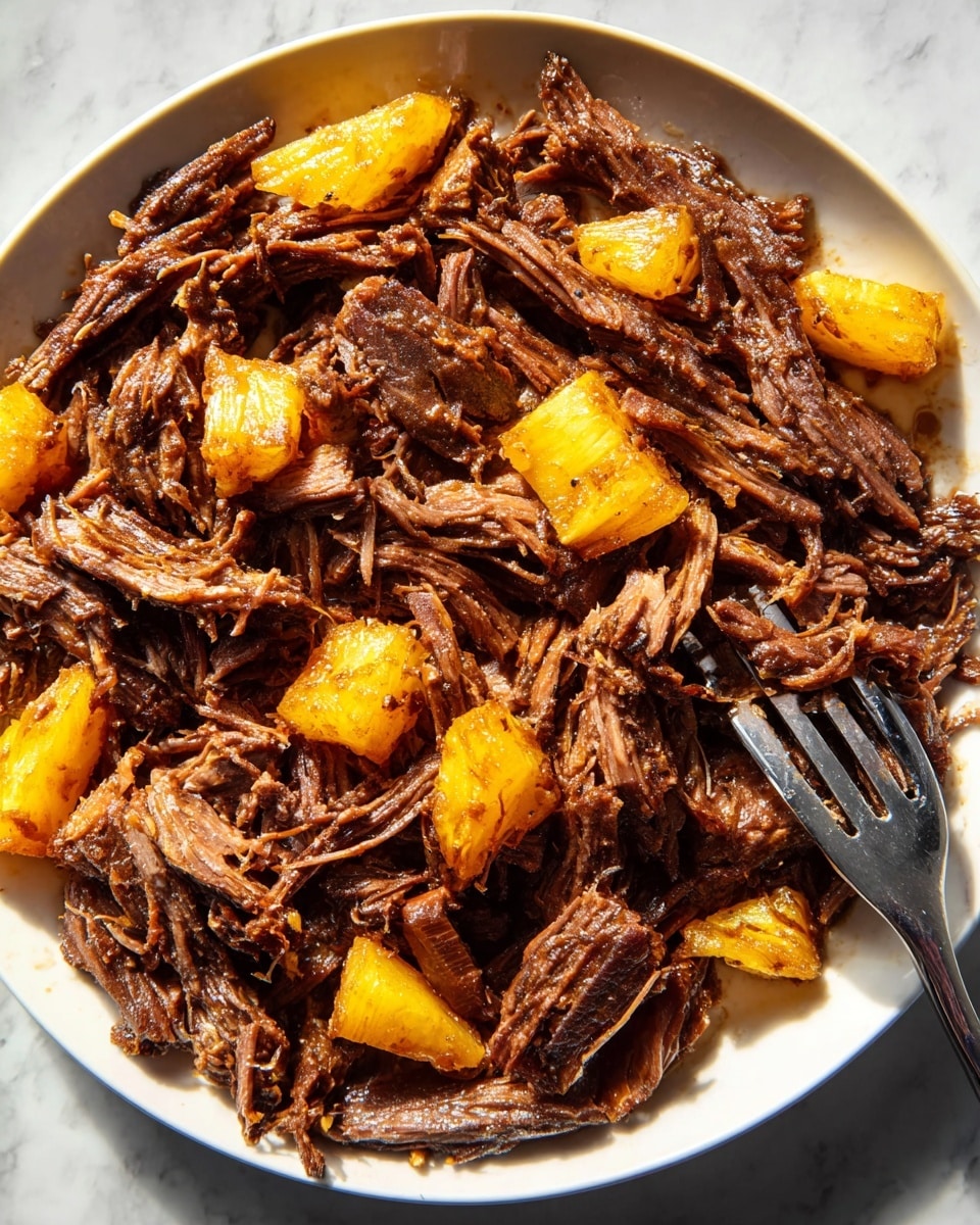 A close-up view of a white plate full of shredded dark brown cooked meat mixed with golden yellow pieces of pineapple, some with a slight charred texture. The meat looks tender with visible strands and a glossy, slightly oily surface. There is a metal fork on the right side, piercing some of the meat. The plate is placed on a white marbled surface. photo taken with an iphone --ar 4:5 --v 7