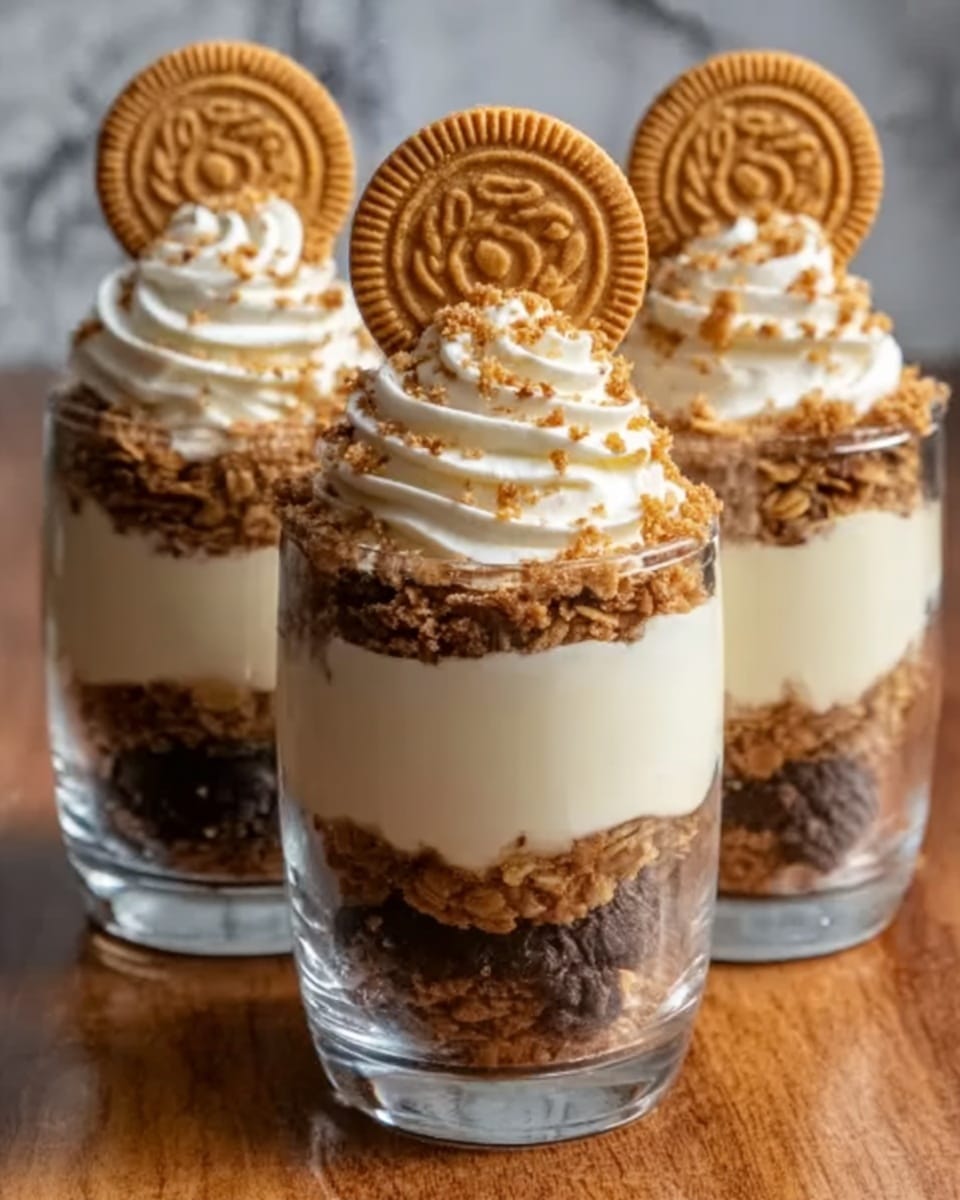 Three clear glasses filled with three visible layers are shown. The bottom layer is dark brown crunchy granola, rough in texture. The middle layer is smooth, cream-colored yogurt, thick and soft. The top layer is white whipped cream, swirled in a spiral shape and sprinkled with small brown granola bits. Each glass is decorated on top with a round, flat golden-brown cookie placed upright. The glasses are set on a shiny wooden surface with a white marbled background. Photo taken with an iphone --ar 4:5 --v 7