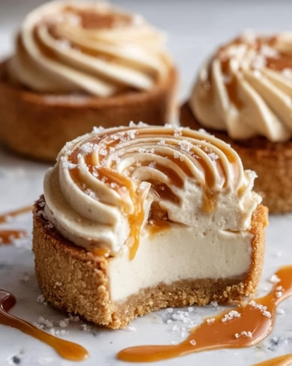 A close-up view of a small round cake on a white marbled surface, showing three distinct layers: the bottom layer is a thick, light brown biscuit base with a crumbly texture; above it is a smooth, creamy off-white filling layer; the top layer consists of two swirled elements—a white cream base with rosettes around the edge topped by thick, glossy caramel swirls and small white salt crystals sprinkled on top. The cake is partially cut, revealing the inside clearly. Photo taken with an iphone --ar 4:5 --v 7