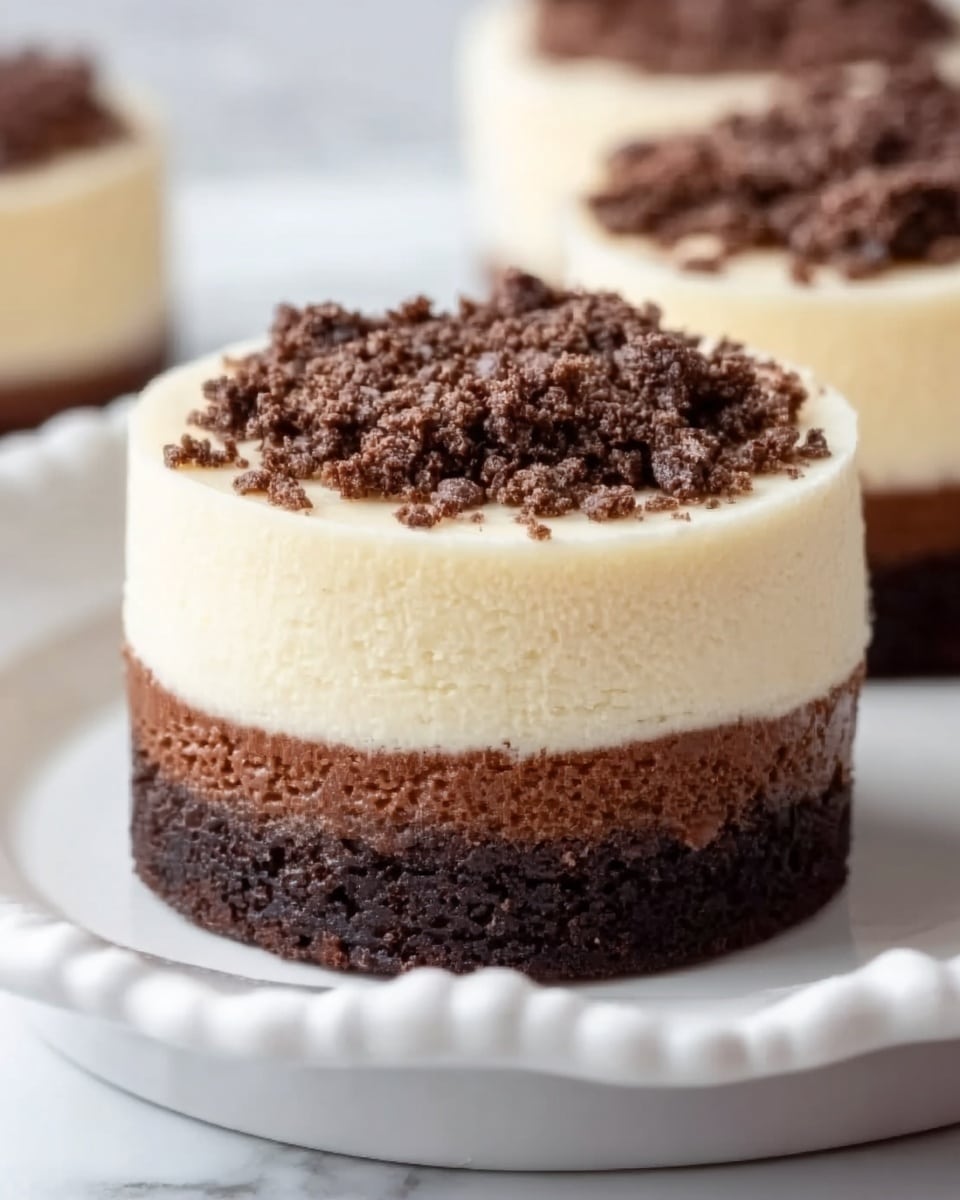 The image shows a small, round dessert with three visible layers on a white plate. The bottom layer is dark brown and looks dense and moist, like chocolate cake. The middle layer is creamy white, smooth, and thick, resembling cheesecake. The top layer is made of small, uneven chocolate bits scattered over the creamy layer. The background and surface have a white marbled texture, and the photo is taken close up, focusing on one dessert with a soft blur of others behind it. photo taken with an iphone --ar 4:5 --v 7