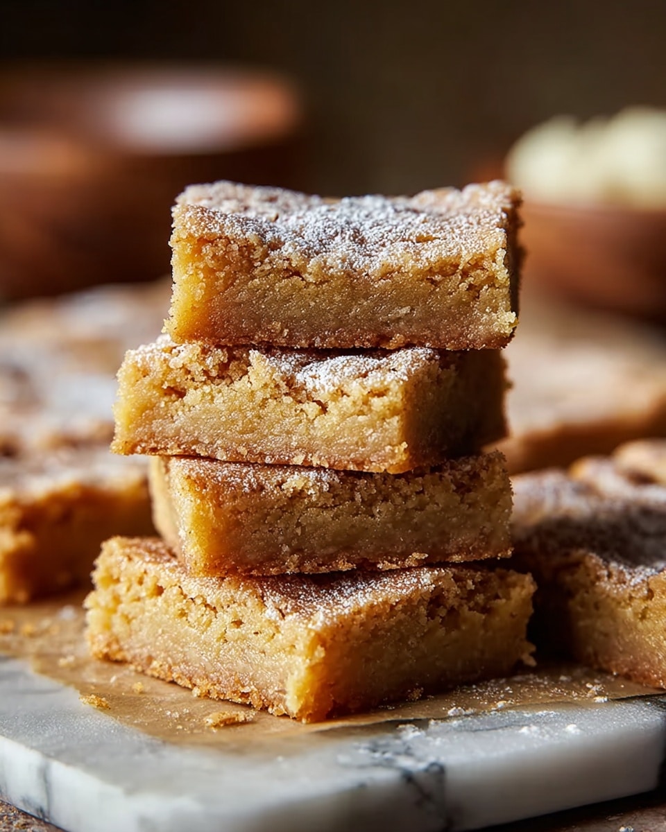 The image shows five square blondies stacked on a white marbled surface with a dusting of powdered sugar around and on top of them. The blondies have a slightly crumbly, soft texture with a golden brown top that looks slightly crisp. The layers of the blondies show a moist, dense interior with a pale yellow color. The top blondie is resting horizontally on a stack of four, which are placed unevenly but neatly to form a small pile. The background is softly blurred, focusing fully on the blondies in the front. Photo taken with an iphone --ar 4:5 --v 7