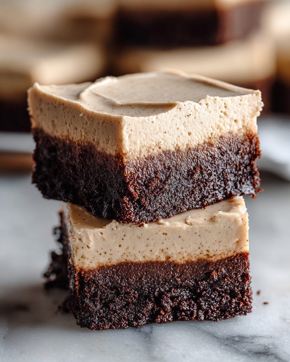 Two stacked dessert squares show two distinct layers: the bottom layer is thick, dark brown, and moist with a rough crumb texture that looks like chocolate brownie, while the top layer is a smooth, light beige cream that appears soft and slightly speckled, covering the brownie layer evenly with a gentle swirl on the edges. The squares have clean edges and are placed on a white marbled surface. The background is blurred to focus on the texture and detail of the dessert. photo taken with an iphone --ar 4:5 --v 7